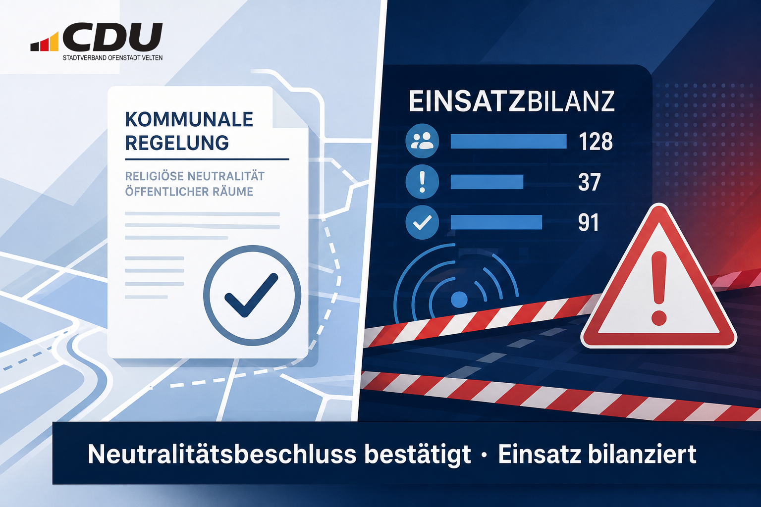 Redaktionelle Grafik mit einem kommunalen Prüfzeichen zur bestätigten Neutralitätsregelung und abstrakten Einsatzsymbolen zur polizeilichen Bilanz in Velten.
