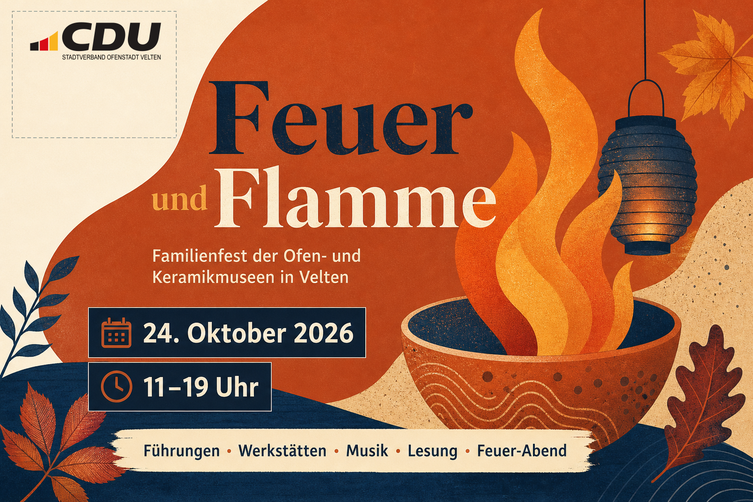 Redaktionelle Veranstaltungskarte zum Familienfest „Feuer und Flamme“ am 24. Oktober 2026 von 11 bis 19 Uhr mit stilisierter Flamme, Keramikschale und Herbstmotiven.