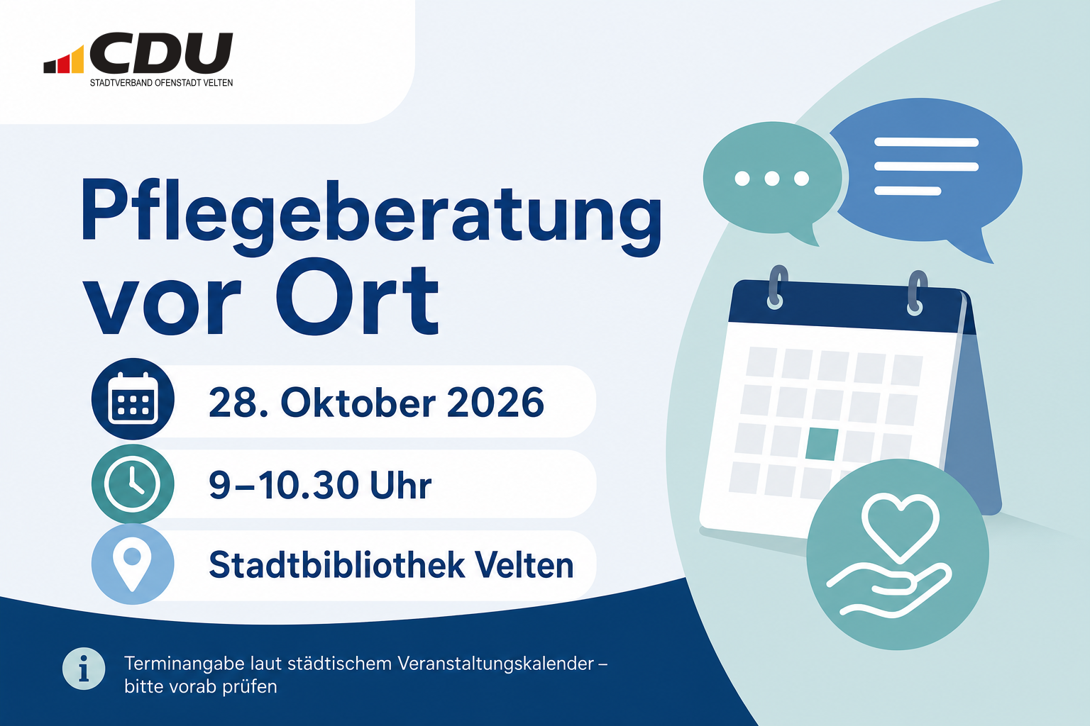 Grafische Veranstaltungskarte zur Pflegeberatung vor Ort in Velten am 28. Oktober 2026 von 9 bis 10.30 Uhr; die Terminangabe soll vorab nochmals geprüft werden.