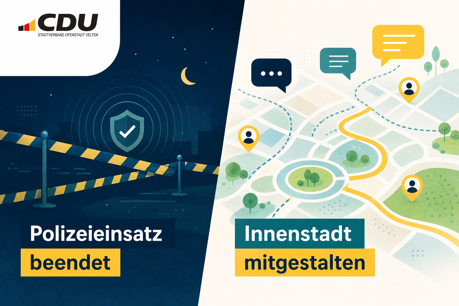 Symbolische redaktionelle Grafik zu einem beendeten Polizeieinsatz in Velten und zur gestarteten Bürgerbeteiligung für die Innenstadtplanung.
