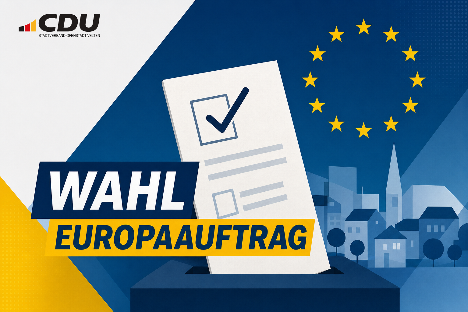 Redaktionelle Symbolgrafik mit einem stilisierten Wahlzettel, abstrakten Europa-Sternen und einer geometrischen Stadtstruktur zum Thema der Wahl eines Europabeauftragten in Velten.