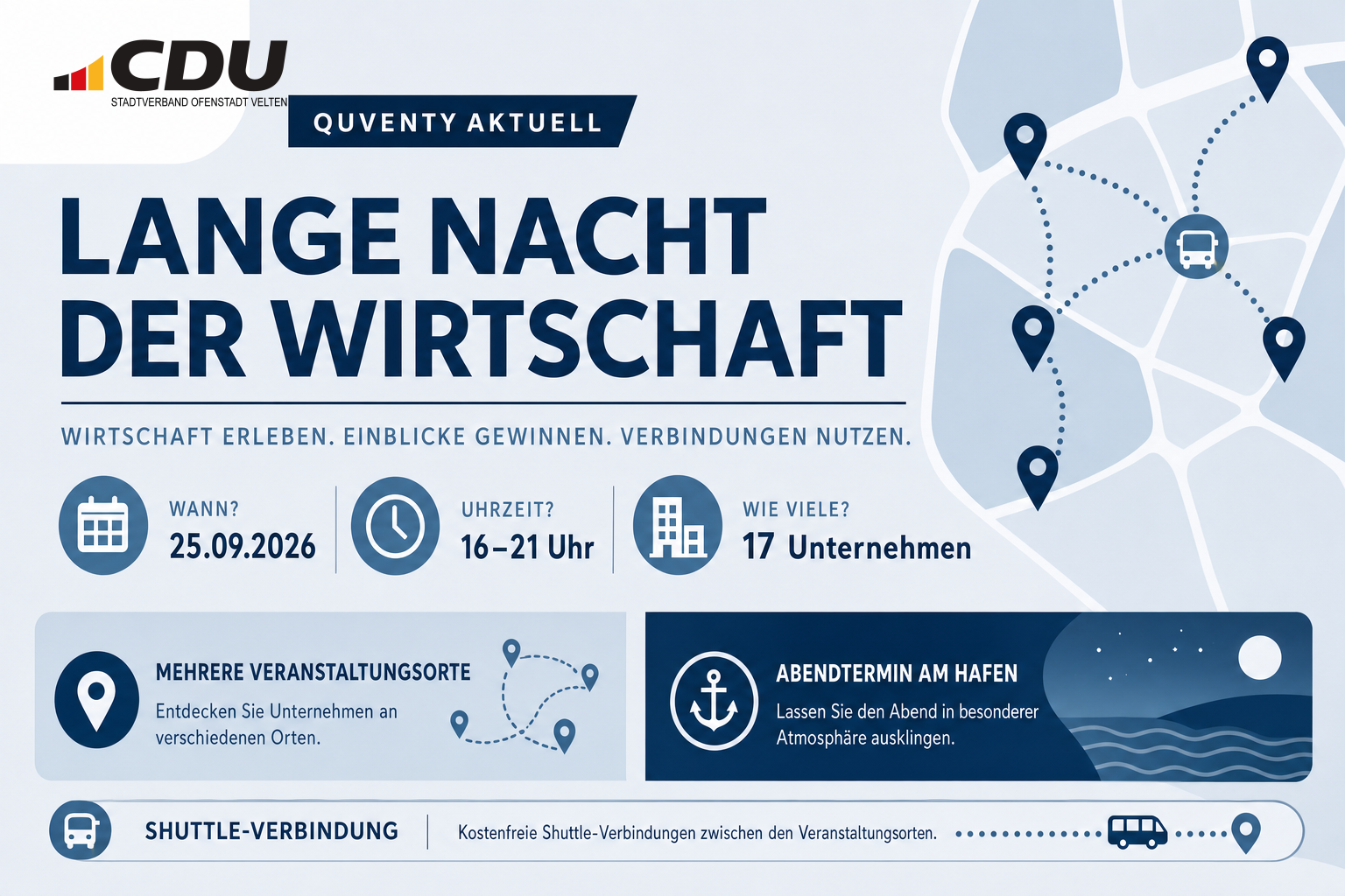 Redaktionelle Veranstaltungskarte zur Langen Nacht der Wirtschaft am 25. September 2026 mit 17 teilnehmenden Unternehmen und dem Veranstaltungszeitraum von 16 bis 21 Uhr.