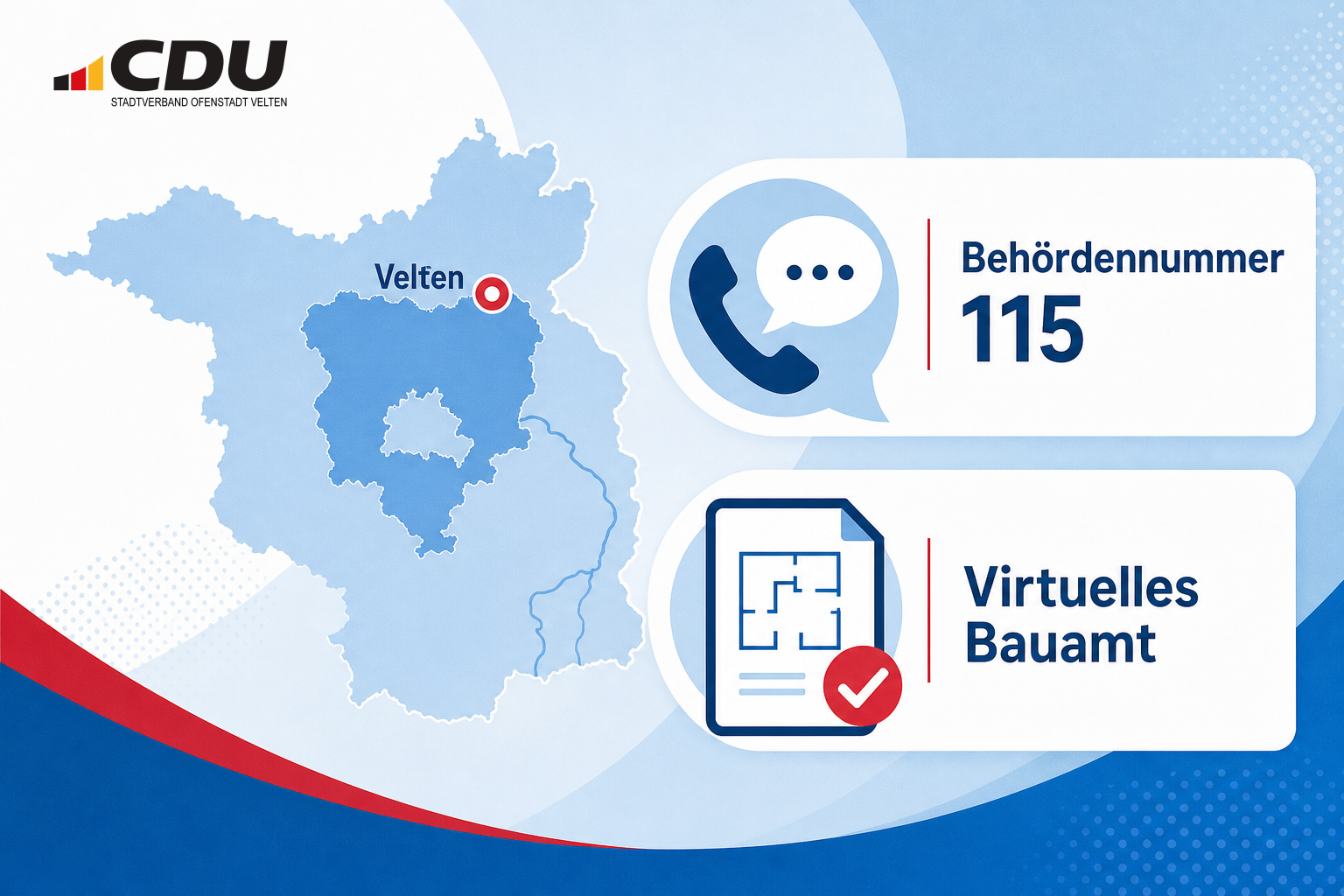 Redaktionelle Grafik zu den digitalen Verwaltungszugängen über die Behördennummer 115 und das Virtuelle Bauamt in Brandenburg.