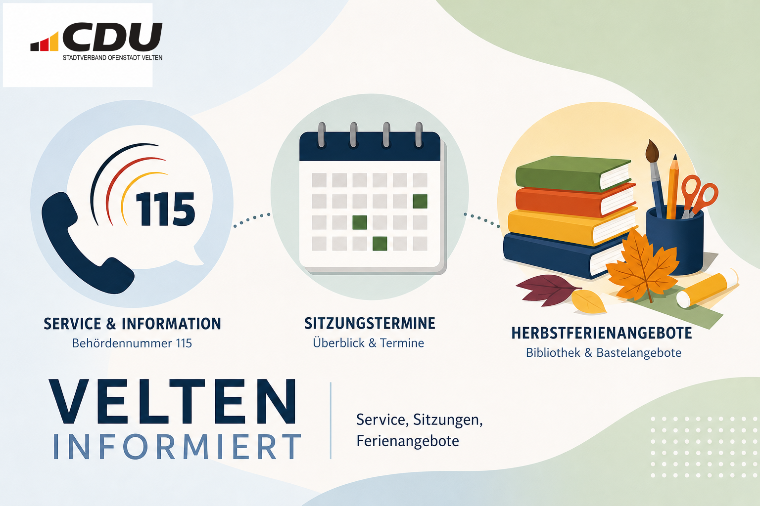 Redaktionelle Themenkarte zur Tageslage in Velten mit Symbolen für Behördennummer 115, Notfallreform, Sitzungskalender und Herbstferienangebote der Stadtbibliothek.