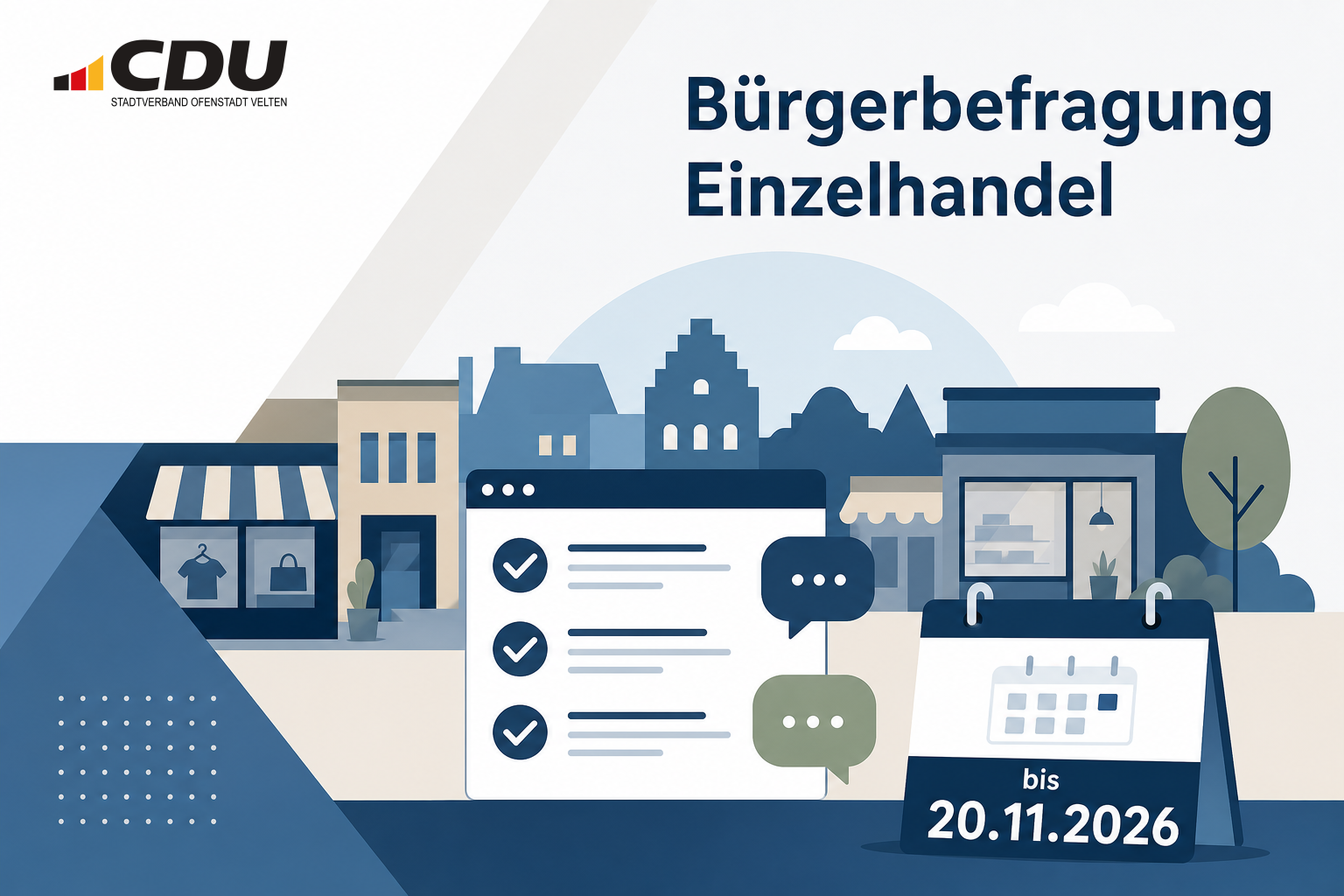 Redaktionelle Grafik zur Online-Befragung über die Zukunft des Einzelhandels in Velten mit stilisiertem Umfrage-Symbol und Hinweis auf die Frist bis zum 20. November 2026.
