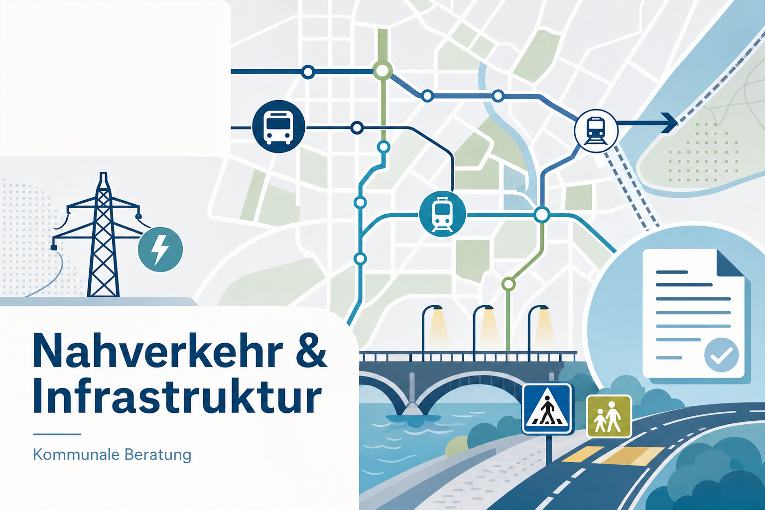 Redaktionelle Grafik zu kommunalen Beratungen über Nahverkehr, Verkehrssicherheit, Versorgung und Infrastruktur in Velten.