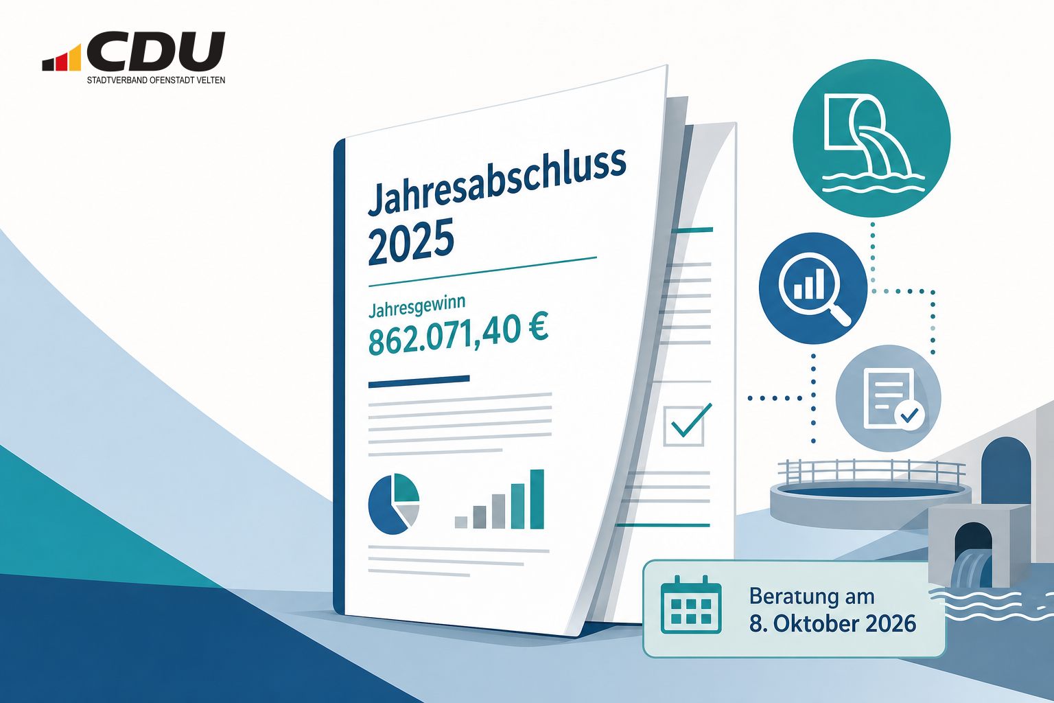 Stilisierte redaktionelle Grafik zu einem geprüften Jahresabschluss 2025 mit einem ausgewiesenen Jahresgewinn von 862.071,40 Euro und der geplanten Beratung am 8. Oktober 2026.