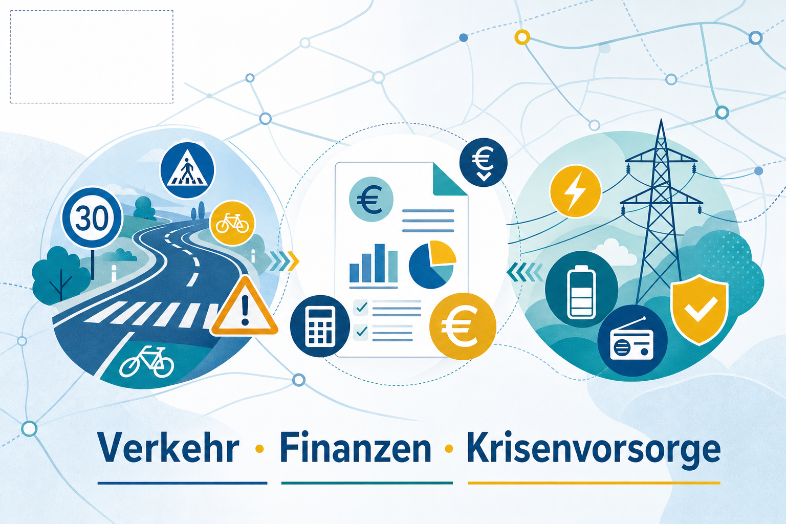 Illustrative Themenkarte zu kommunalen Beratungen über Verkehr, Finanzen, Krisenvorsorge und Mobilitätsplanung.