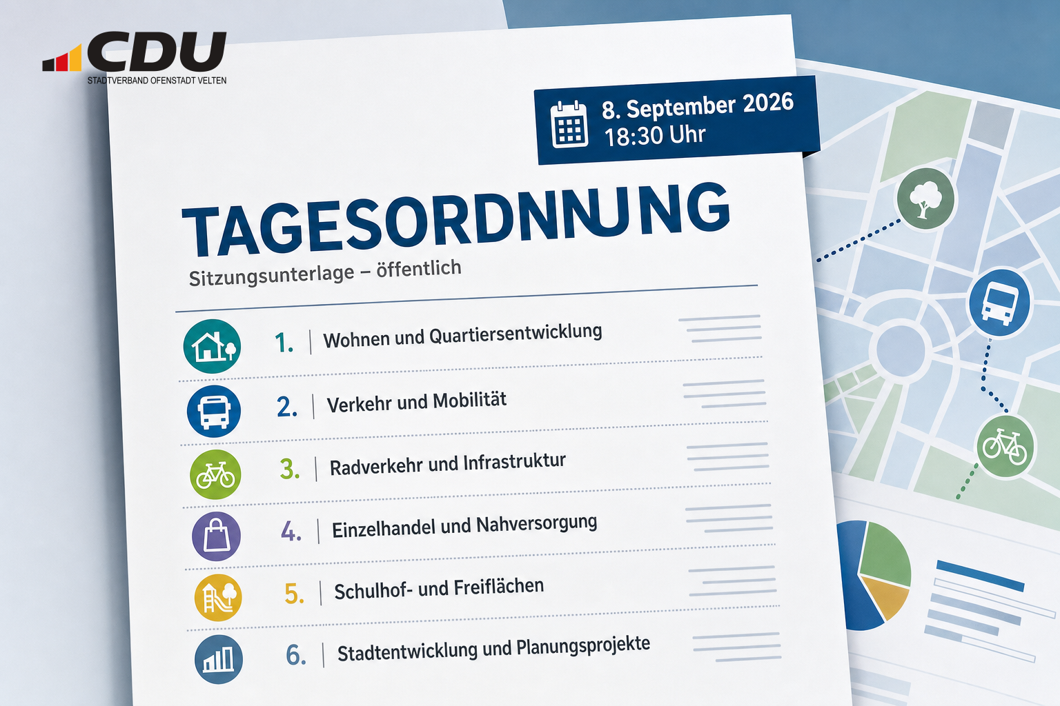 Redaktionelle Grafik einer stilisierten Tagesordnung zur Sitzung des Bau- und Stadtentwicklungsausschusses am 8. September 2026 mit Symbolen für Wohnen, Verkehr und Bauvorhaben.