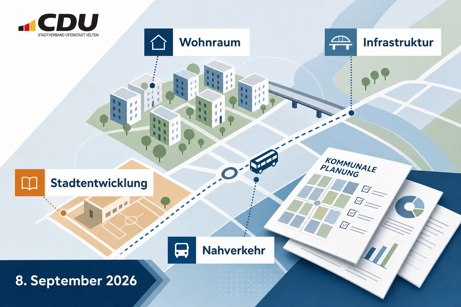 Redaktionelle Grafik zu Beratungen über Wohnraum, Infrastruktur, Stadtentwicklung und Nahverkehr in Velten und Oberhavel.