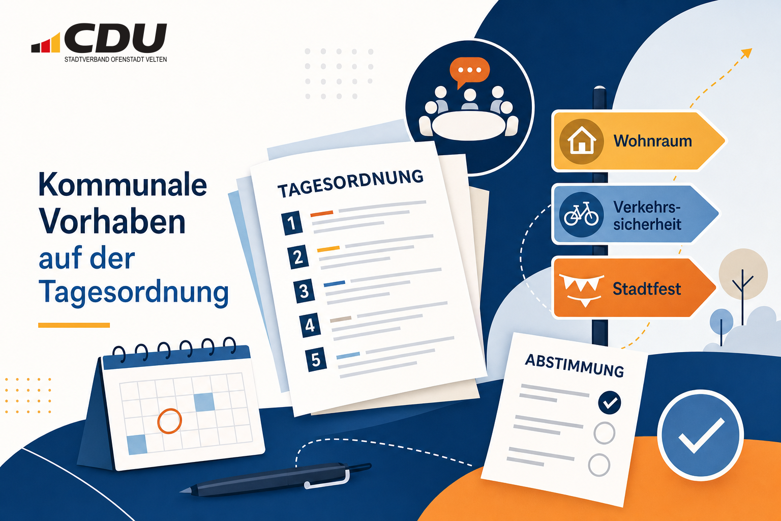 Redaktionelle Grafik zu kommunalpolitischen Beratungen über Wahlfolgen, Verfahrenskosten sowie Vorhaben zu Wohnraum, Verkehr und Stadtfesten.