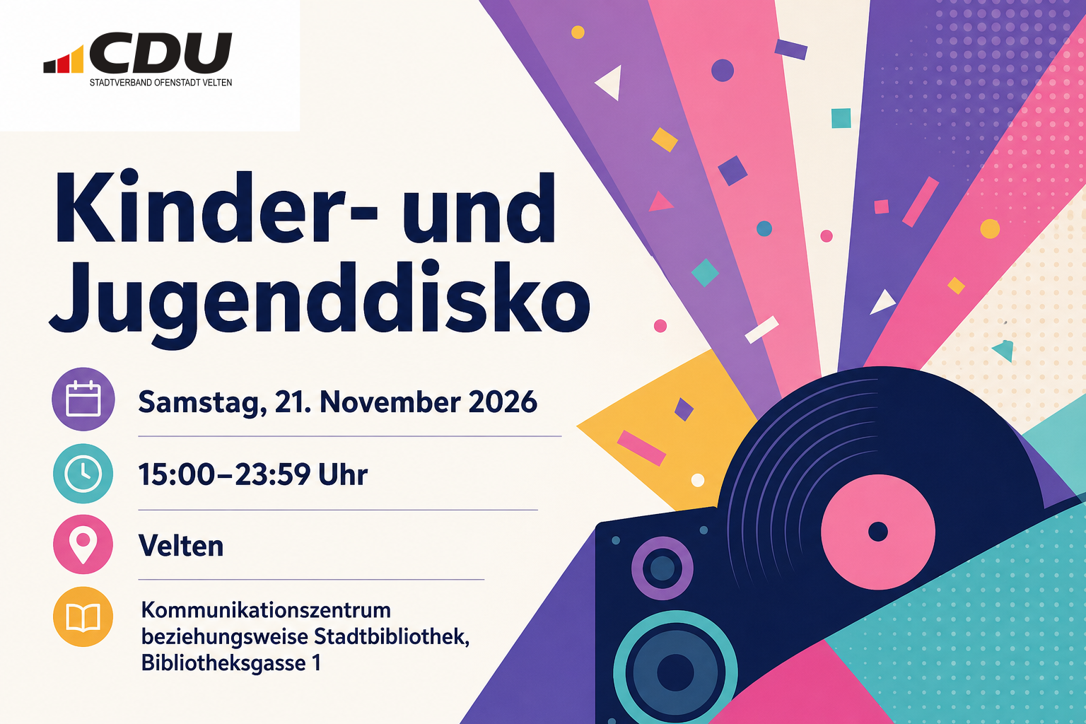 Redaktionelle Veranstaltungskarte zur Kinder- und Jugenddisko in Velten am 21. November 2026 von 15:00 bis 23:59 Uhr im Kommunikationszentrum beziehungsweise in der Stadtbibliothek.