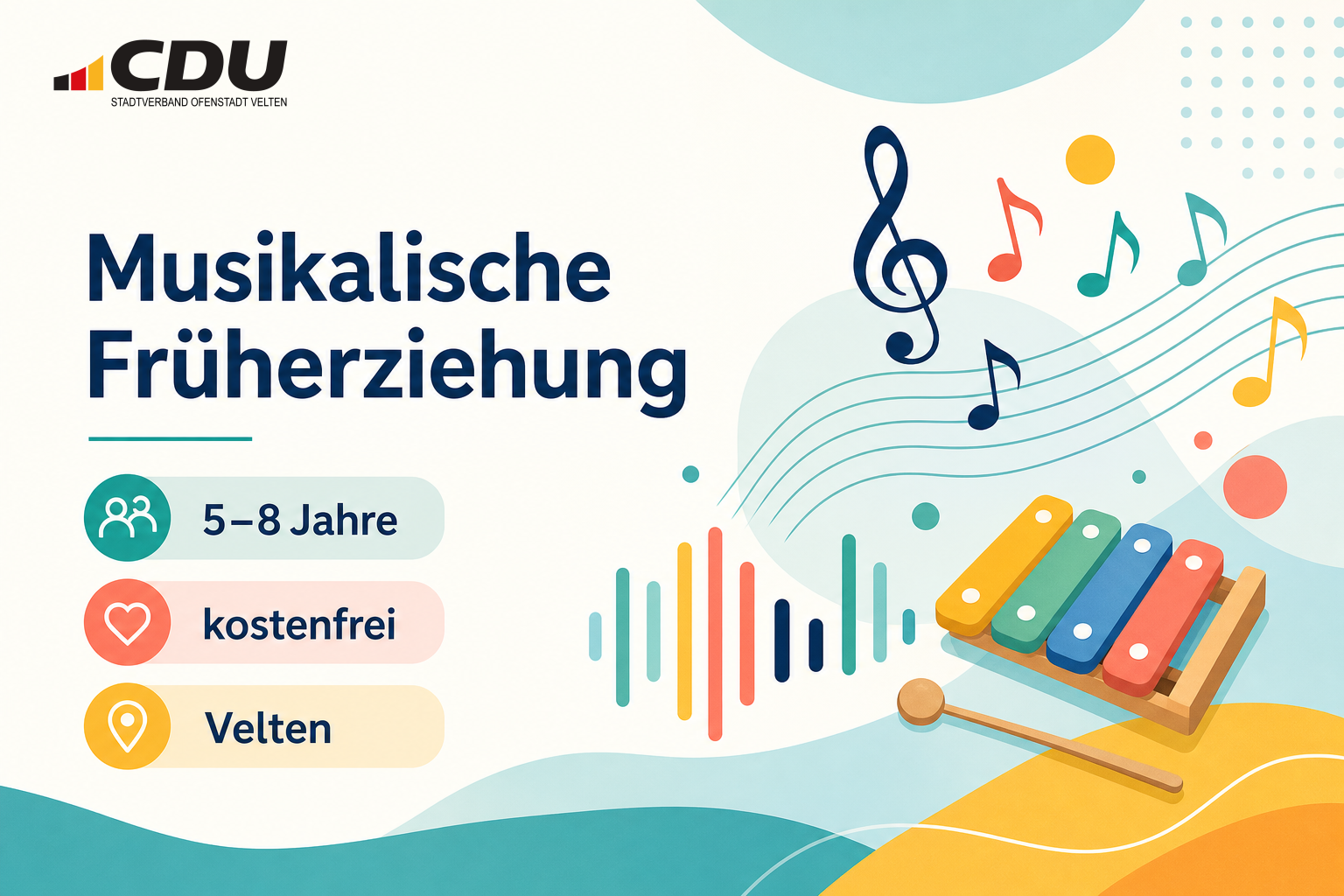 Redaktionelle Veranstaltungskarte zur kostenfreien musikalischen Früherziehung für Kinder von fünf bis acht Jahren in Velten.