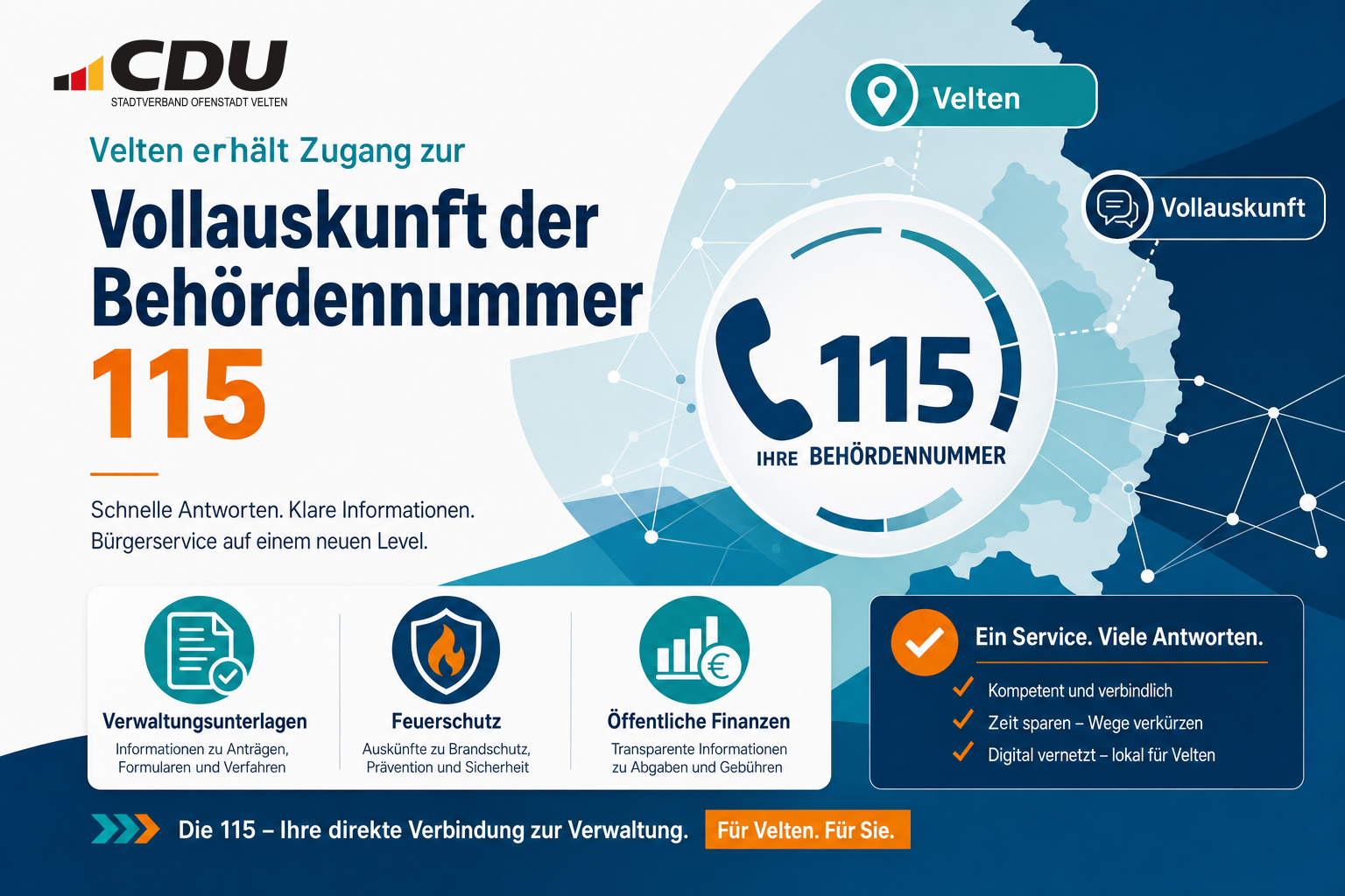 Redaktionelle Grafik zur Anbindung Veltens an die Vollauskunft der Behördennummer 115 mit Symbolen für Verwaltung, Brandschutz und kommunale Finanzen.