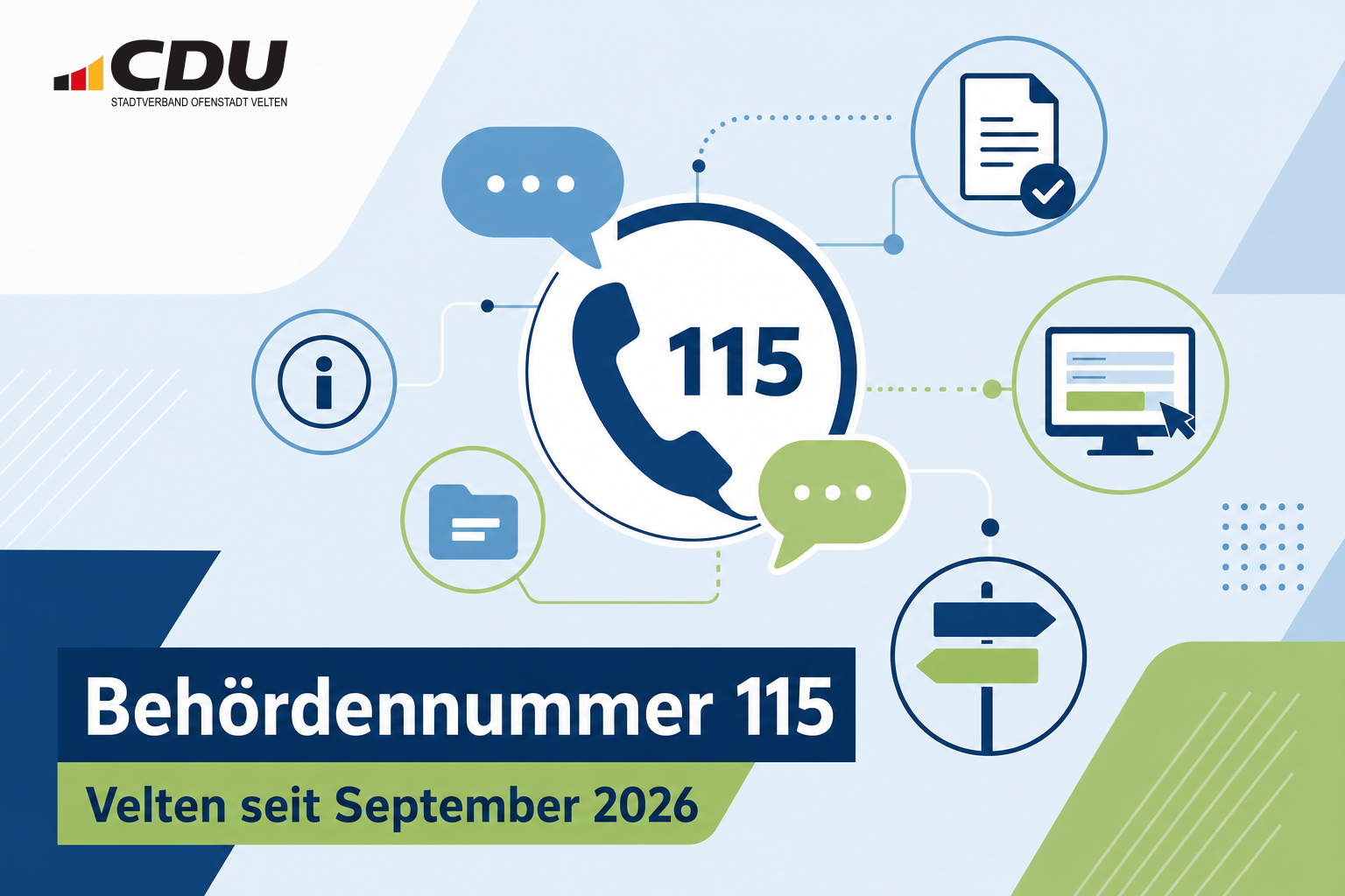 Redaktionelle Grafik zur Anbindung Veltens an die Behördennummer 115 seit September 2026.