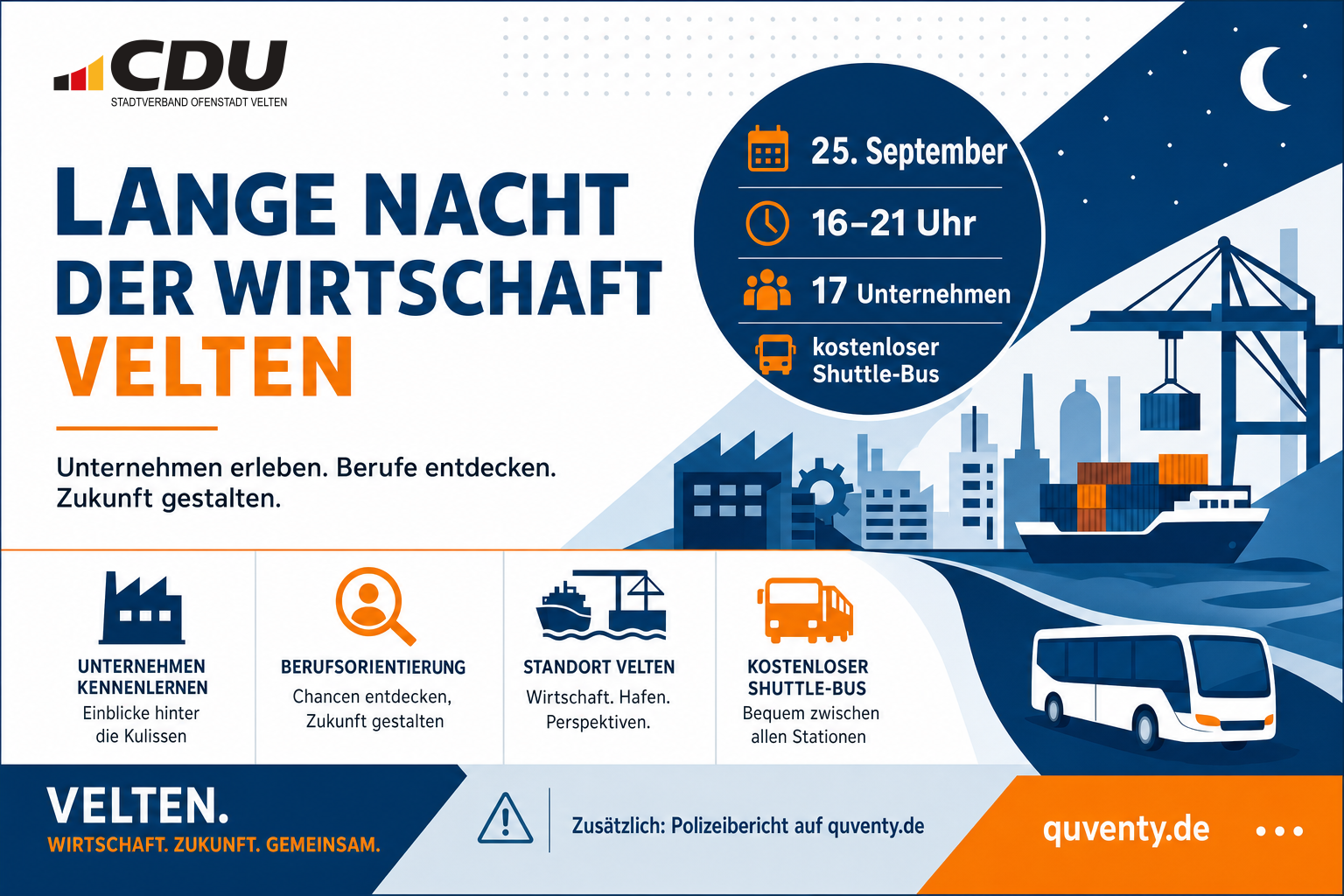 Redaktionelle Veranstaltungskarte zur Langen Nacht der Wirtschaft in Velten am 25. September mit 17 teilnehmenden Unternehmen, Veranstaltungszeit von 16 bis 21 Uhr und kostenlosem Shuttle-Bus.