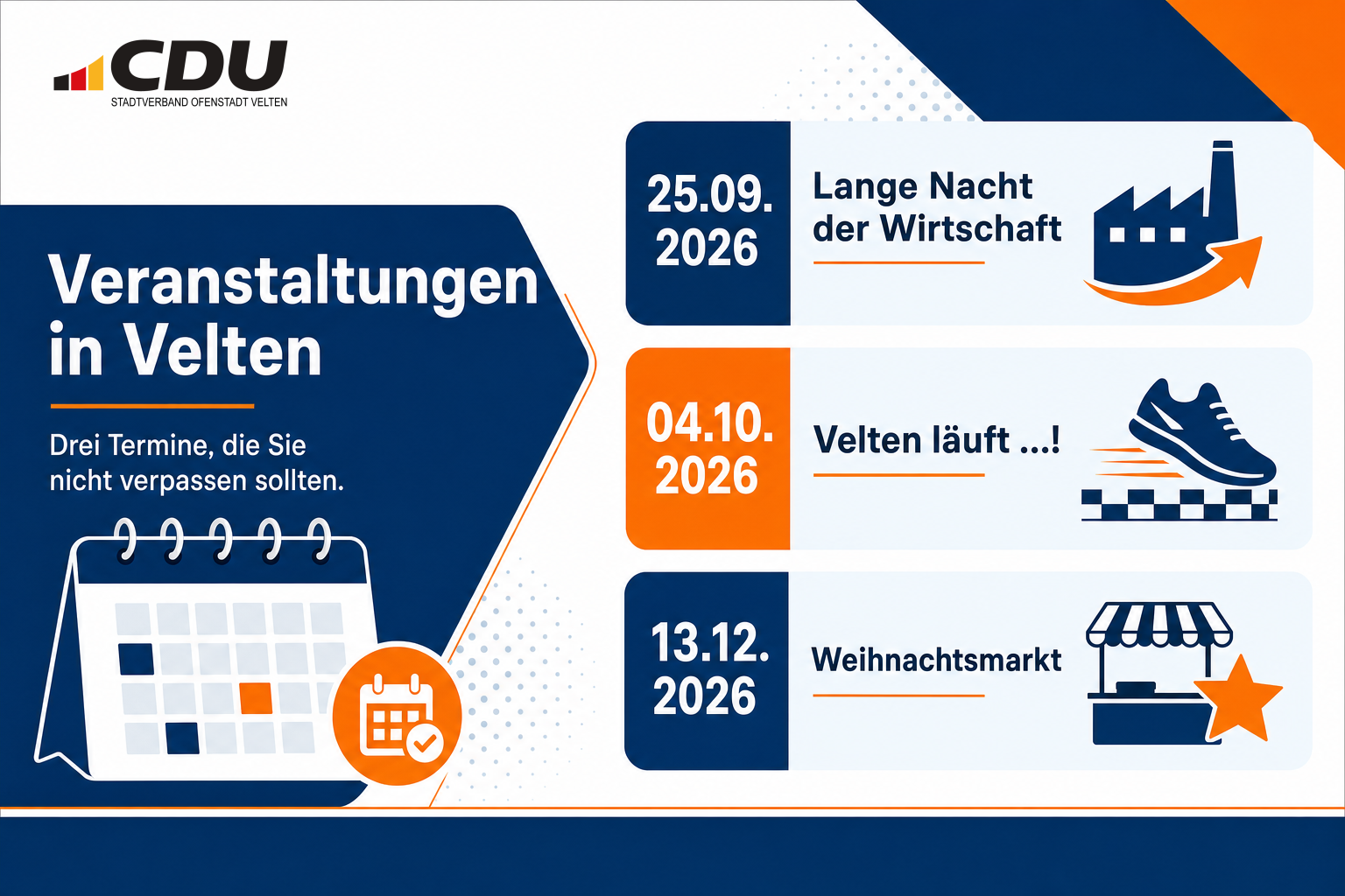 Redaktionelle Veranstaltungskarte mit den Terminen der Langen Nacht der Wirtschaft am 25. September 2026, des Laufs „Velten läuft …!“ am 4. Oktober 2026 und des Weihnachtsmarkts am 13. Dezember 2026.