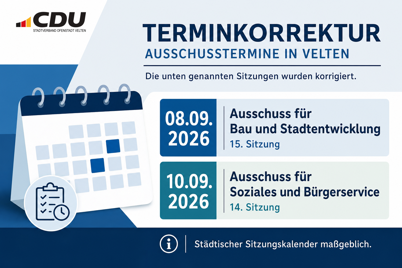 Redaktionelle Terminkarte mit den korrigierten Sitzungsterminen des Bau- und Stadtentwicklungsausschusses am 8. September 2026 sowie des Ausschusses für Soziales und Bürgerservice am 10. September 2026 in Velten.