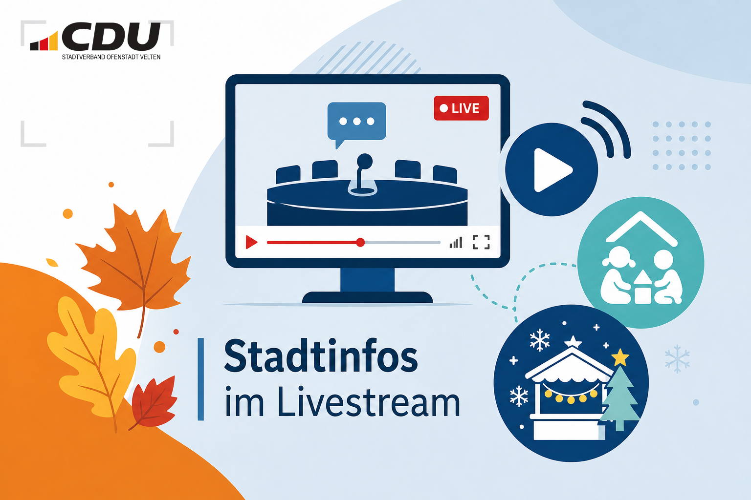 Redaktionelle Grafik mit einem stilisierten Livestream-Symbol und abstrahierten Hinweisen auf kommunale Herbst- und Veranstaltungsthemen.