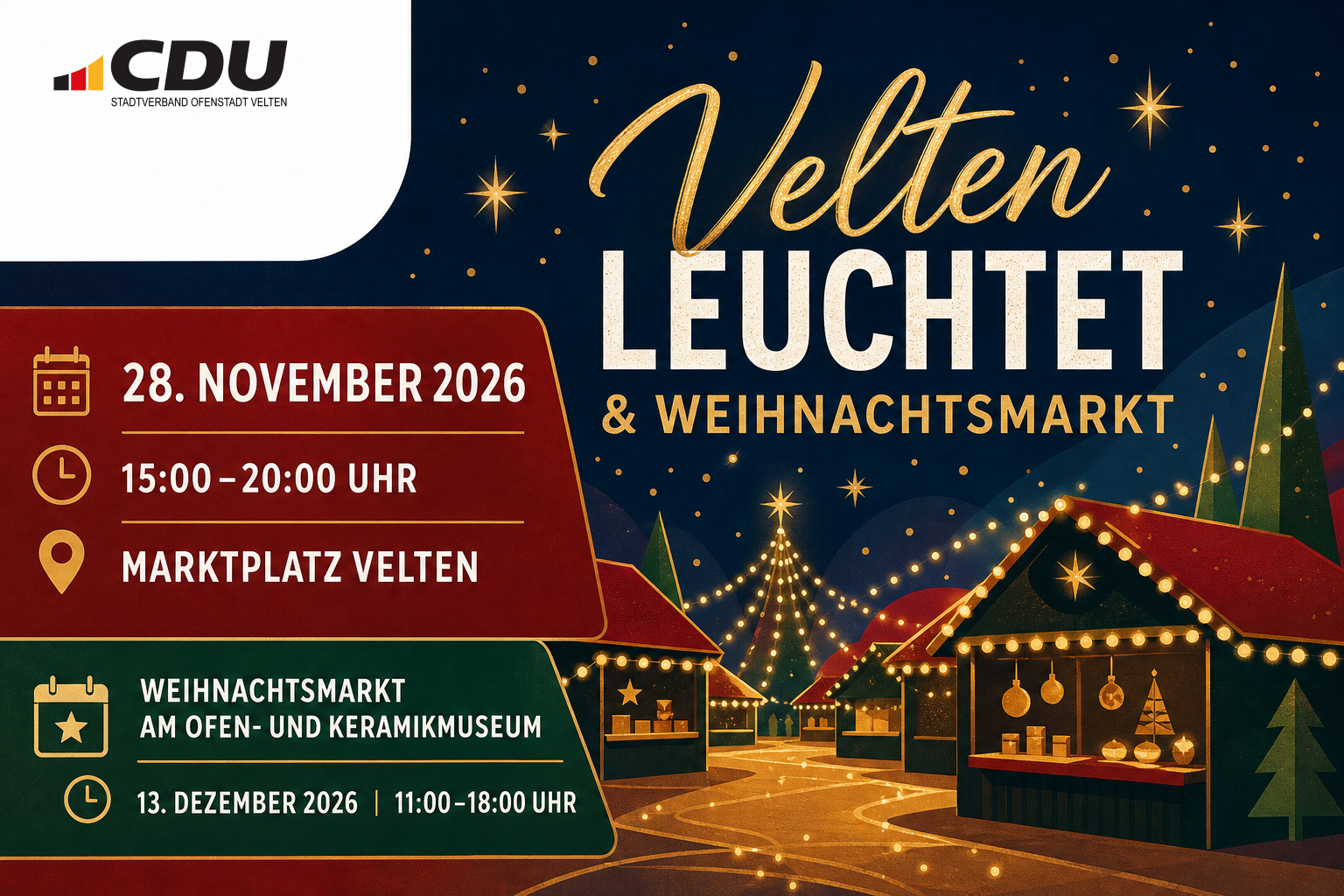 Grafische Veranstaltungskarte kündigt „Velten leuchtet & Weihnachtsmarkt“ am 28. November 2026 von 15:00 bis 20:00 Uhr auf dem Marktplatz Velten an und nennt ergänzend den Weihnachtsmarkt am Ofen- und Keramikmuseum am 13. Dezember 2026.