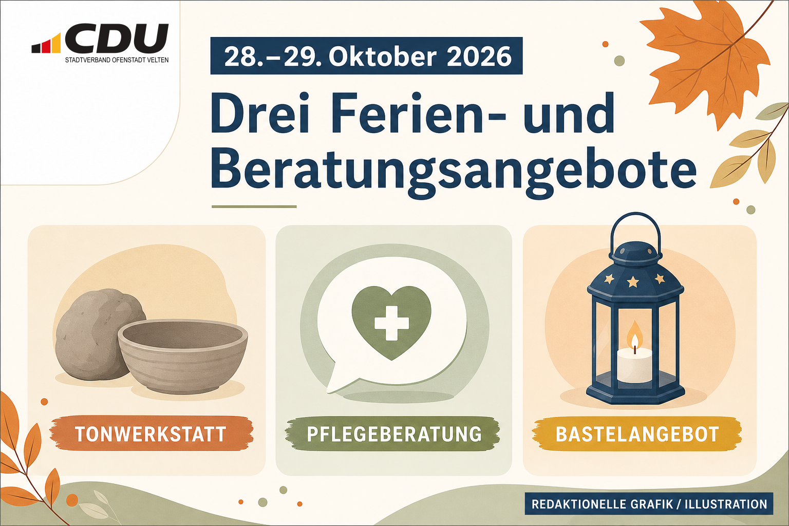 Redaktionelle Veranstaltungskarte zu drei Angeboten in Velten am 28. und 29. Oktober 2026: Tonwerkstatt, Pflegeberatung und Windlichter-Basteln.
