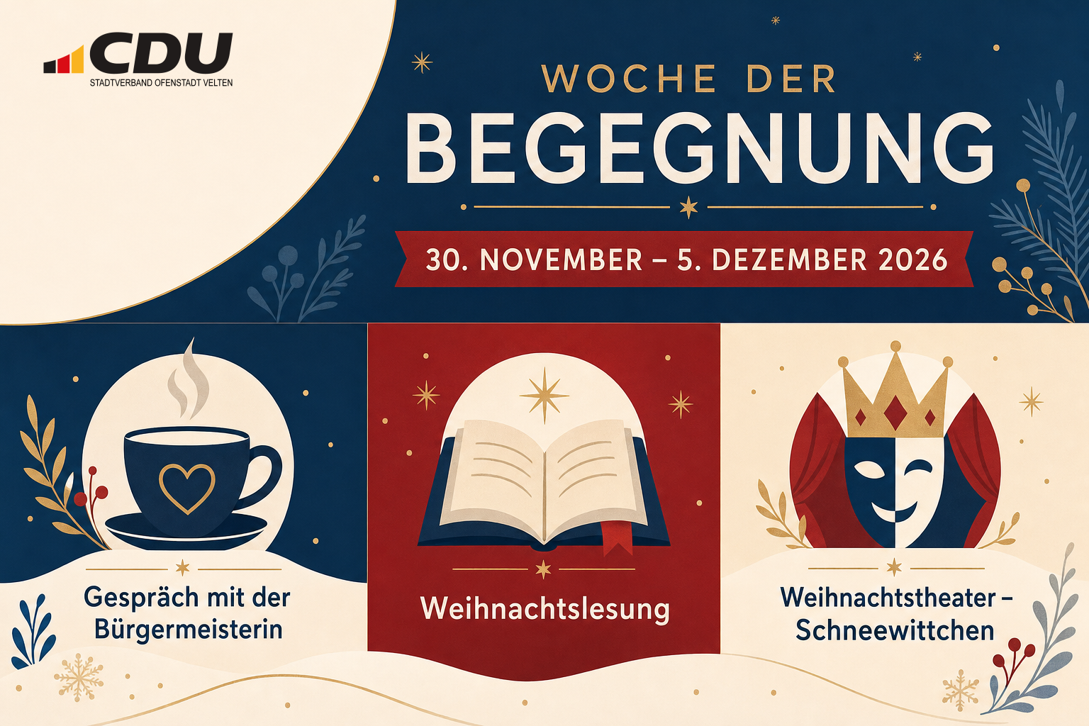 Redaktionelle Veranstaltungskarte zu drei neuen Veltener Terminen vom 30. November bis 5. Dezember 2026: Gespräch mit der Bürgermeisterin, Weihnachtslesung und Weihnachtstheater mit Schneewittchen.