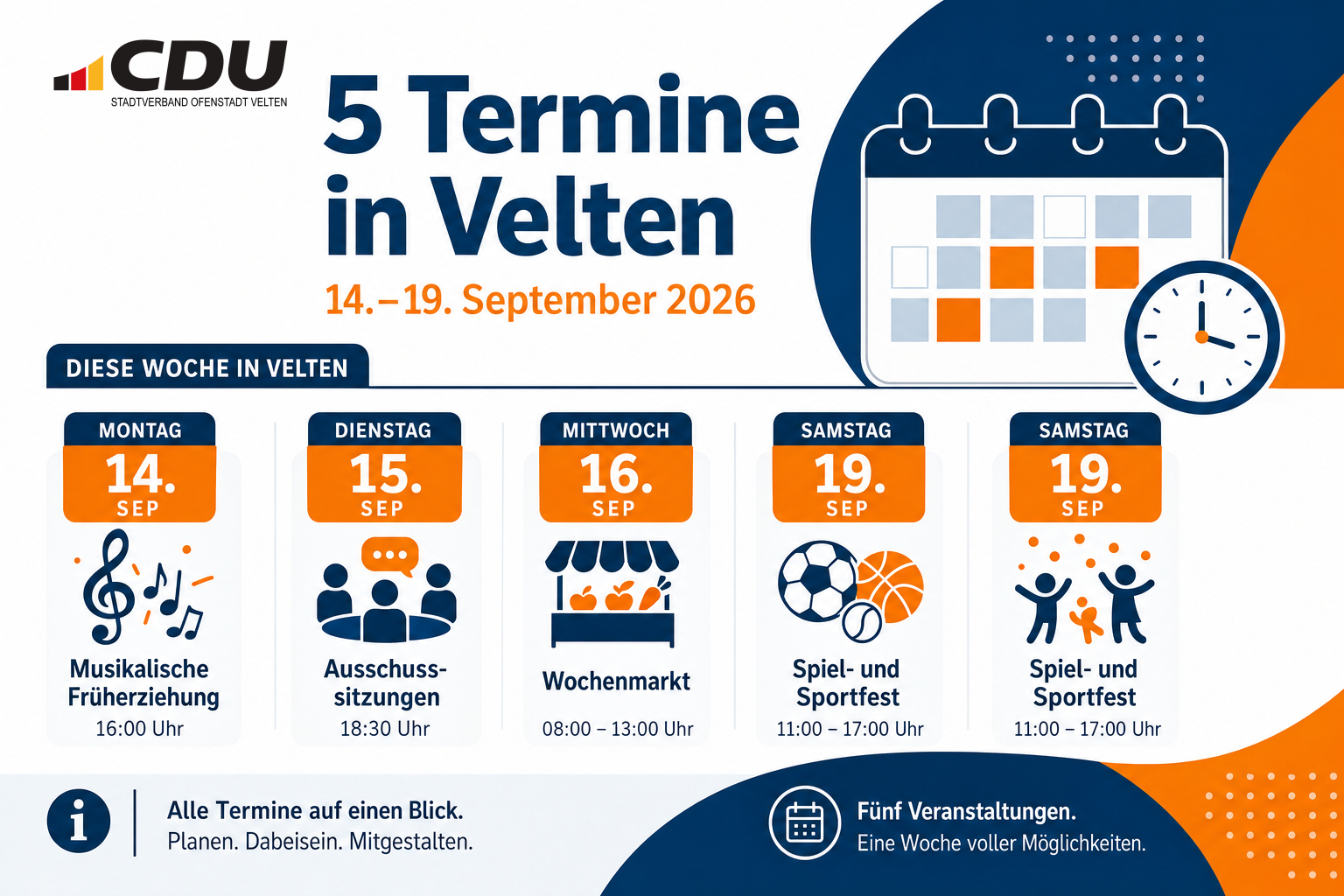 Redaktionelle Veranstaltungskarte zu fünf Terminen in Velten vom 14. bis 19. September 2026 mit Symbolen für Musik, Ausschusssitzungen, Wochenmarkt sowie Spiel- und Sportfest.