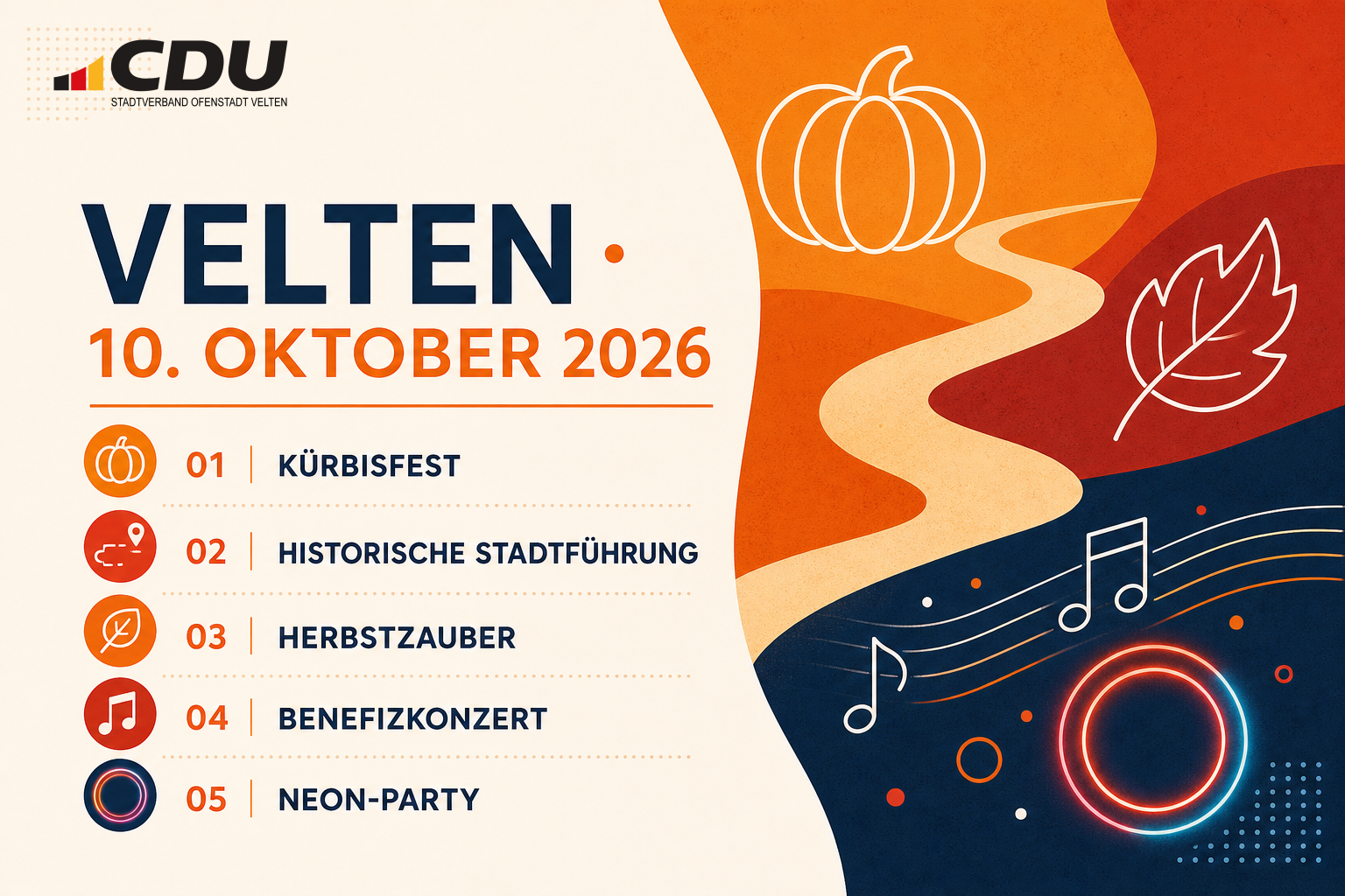 Redaktionelle Veranstaltungskarte zu den fünf Veranstaltungen in Velten am 10. Oktober 2026 mit Kürbisfest, historischer Stadtführung, Familienfest, Benefizkonzert und Neon-Party.