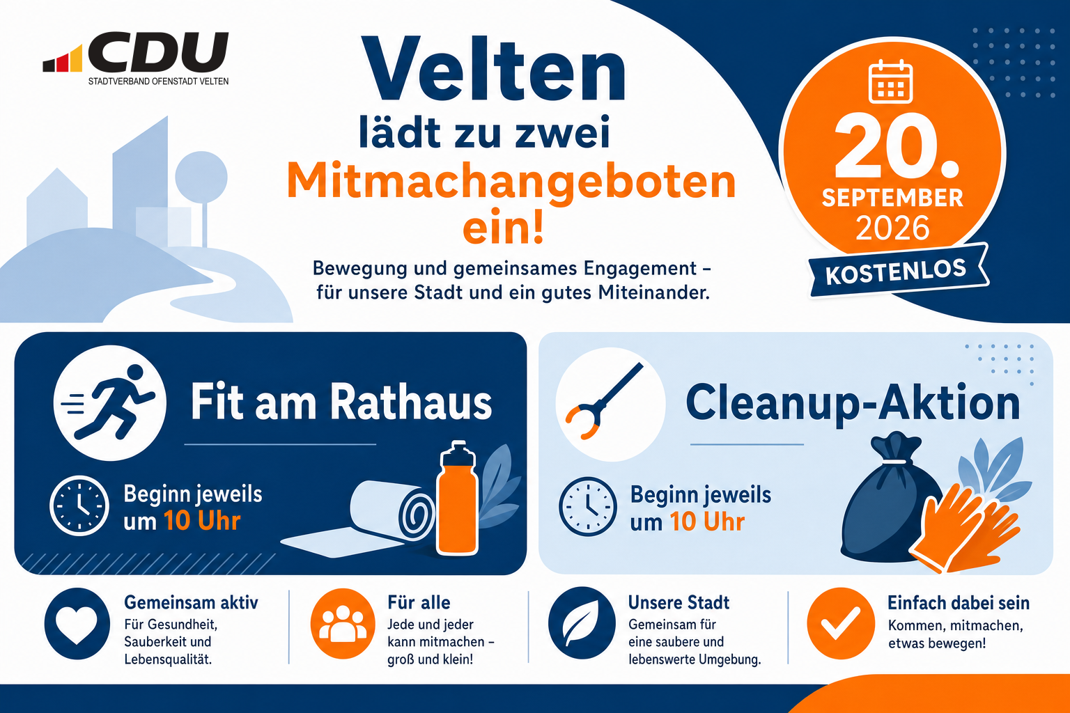 Grafische Veranstaltungskarte zu den kostenlosen Angeboten „Fit am Rathaus“ und einer Cleanup-Aktion in Velten am 20. September 2026.