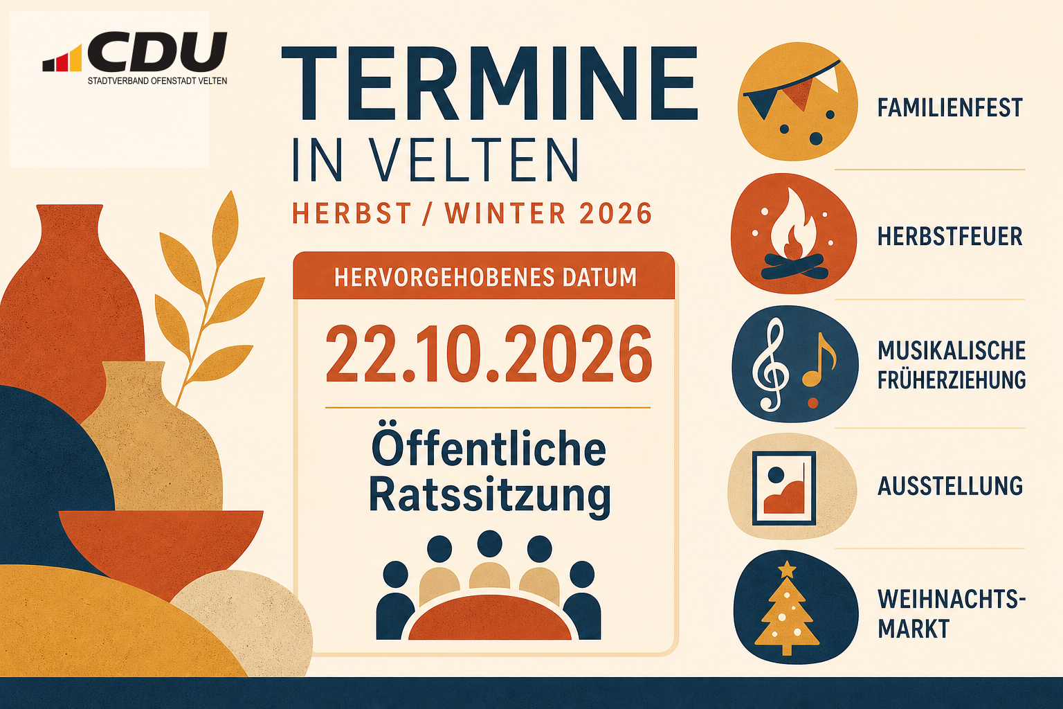 Redaktionelle Veranstaltungskarte zu öffentlichen Terminen in Velten mit hervorgehobener Ratssitzung am 22. Oktober 2026 sowie Symbolen für Herbst-, Familien-, Kultur- und Musikveranstaltungen.