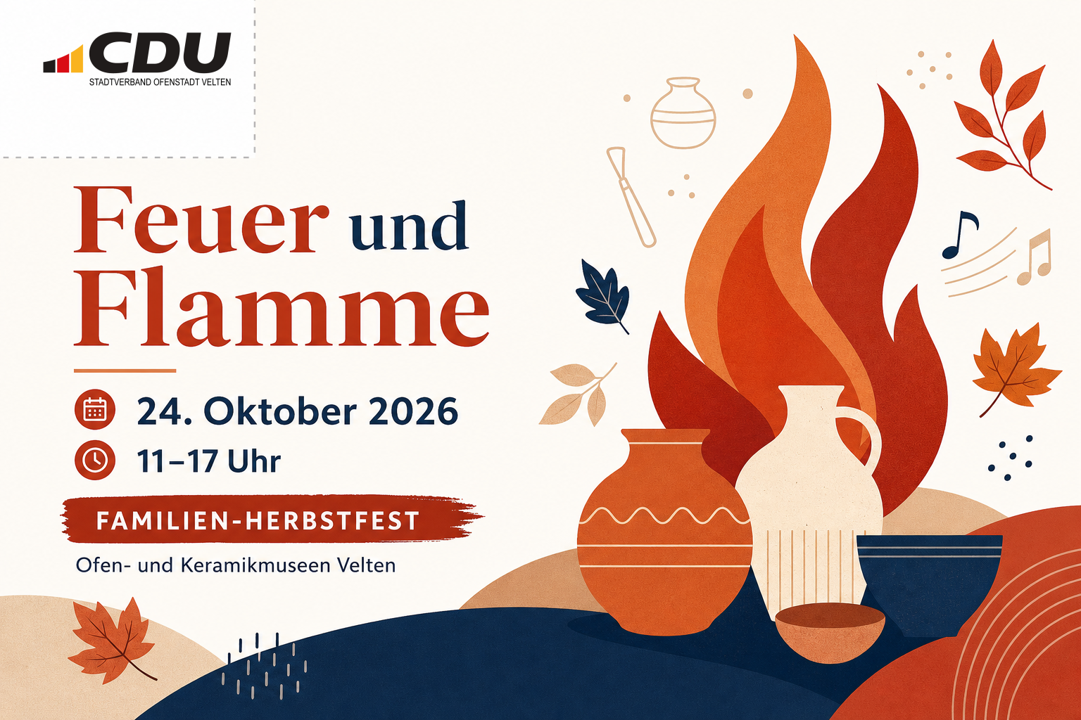 Redaktionelle Veranstaltungskarte zum Familien-Herbstfest „Feuer und Flamme“ der Ofen- und Keramikmuseen Velten am 24. Oktober 2026 von 11 bis 17 Uhr mit stilisierter Flamme und keramischen Gefäßen.