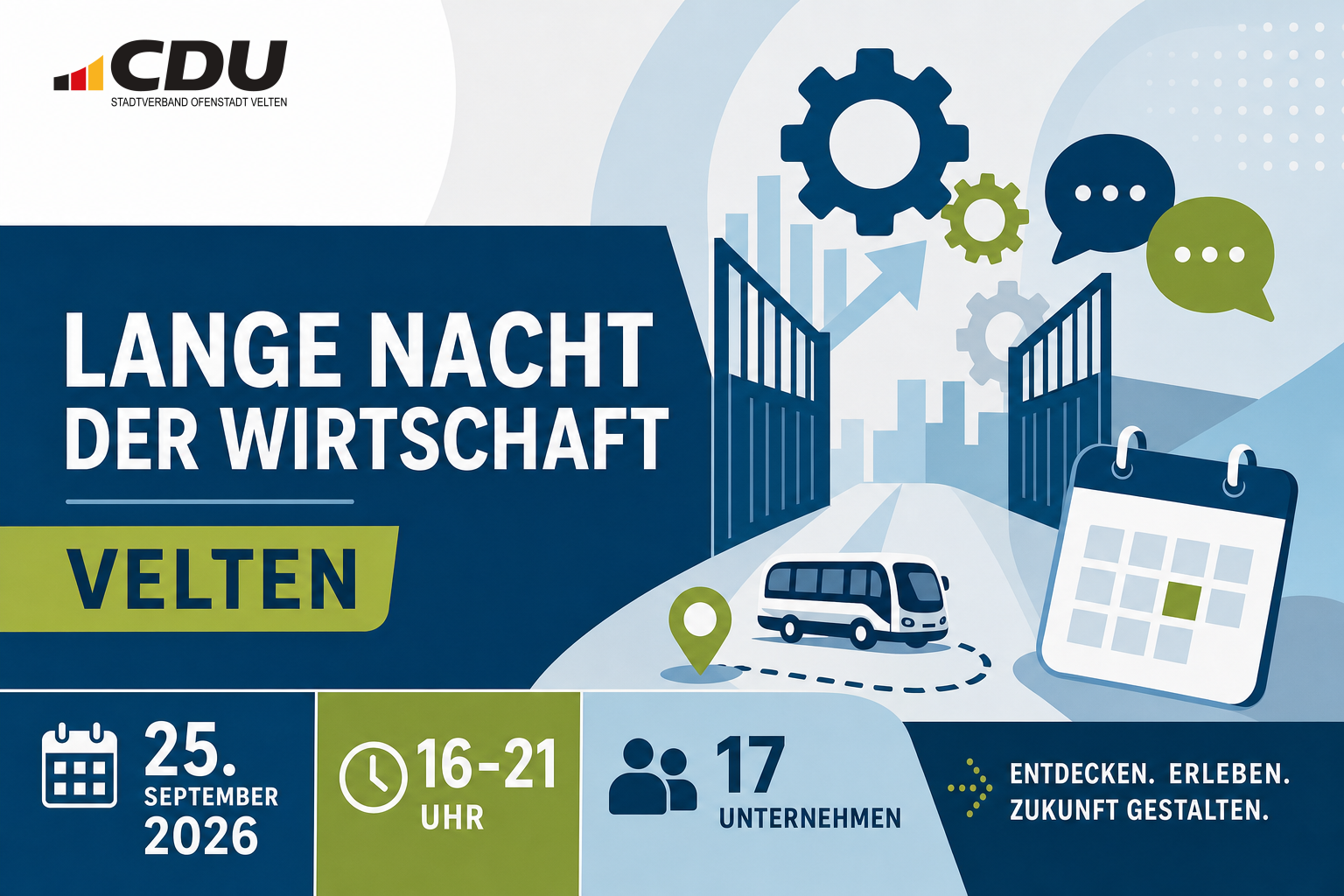 Redaktionelle Veranstaltungskarte zur Langen Nacht der Wirtschaft in Velten am 25. September 2026 mit Symbolen für Unternehmen, Berufsorientierung und Shuttlebus sowie dem Hinweis auf 17 teilnehmende Unternehmen.