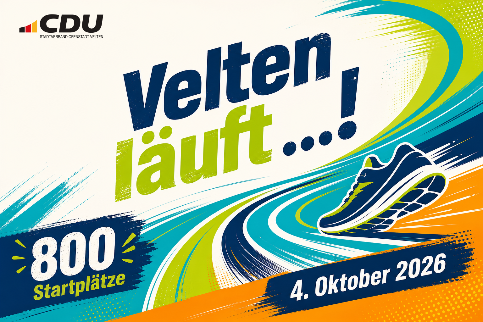 Redaktionelle Veranstaltungskarte zum Lauf „Velten läuft …!“ mit Hinweis auf erstmals 800 belegte Startplätze am 4. Oktober 2026.