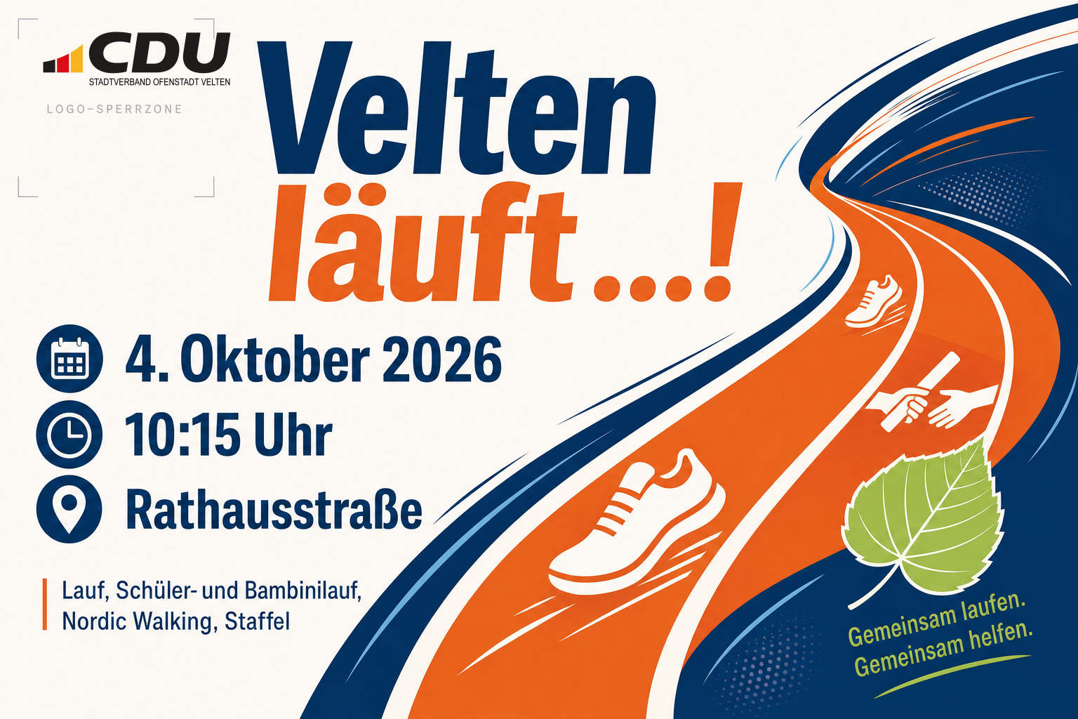 Grafische Veranstaltungskarte für den Lauf „Velten läuft …!“ am 4. Oktober 2026 um 10:15 Uhr in der Rathausstraße mit stilisierter Laufbahn und Lindenblatt.