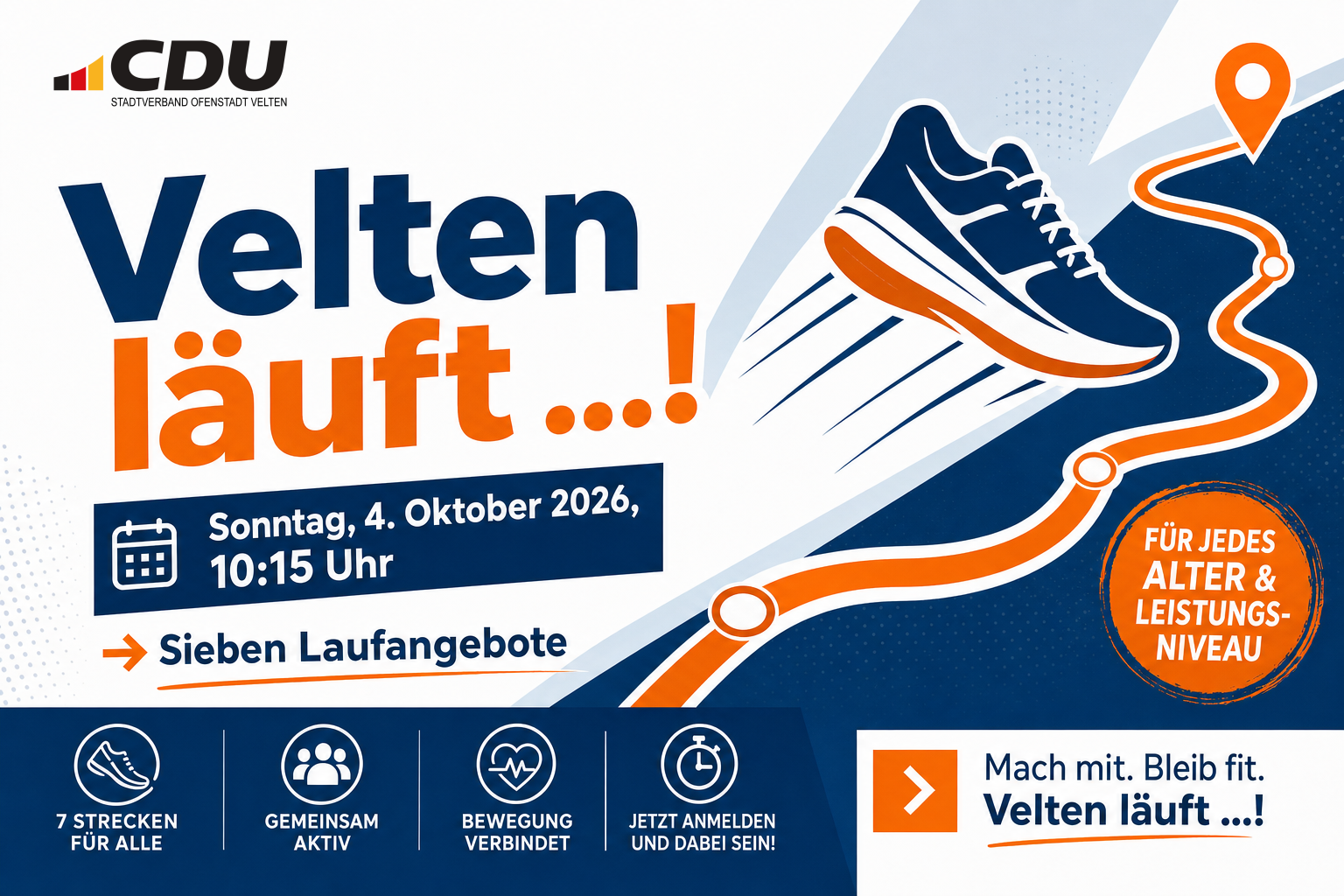 Redaktionelle Veranstaltungskarte zum Stadtlauf „Velten läuft …!“ am 4. Oktober 2026 um 10:15 Uhr mit abstrahierter Laufstrecke und sportlichem Symbol.
