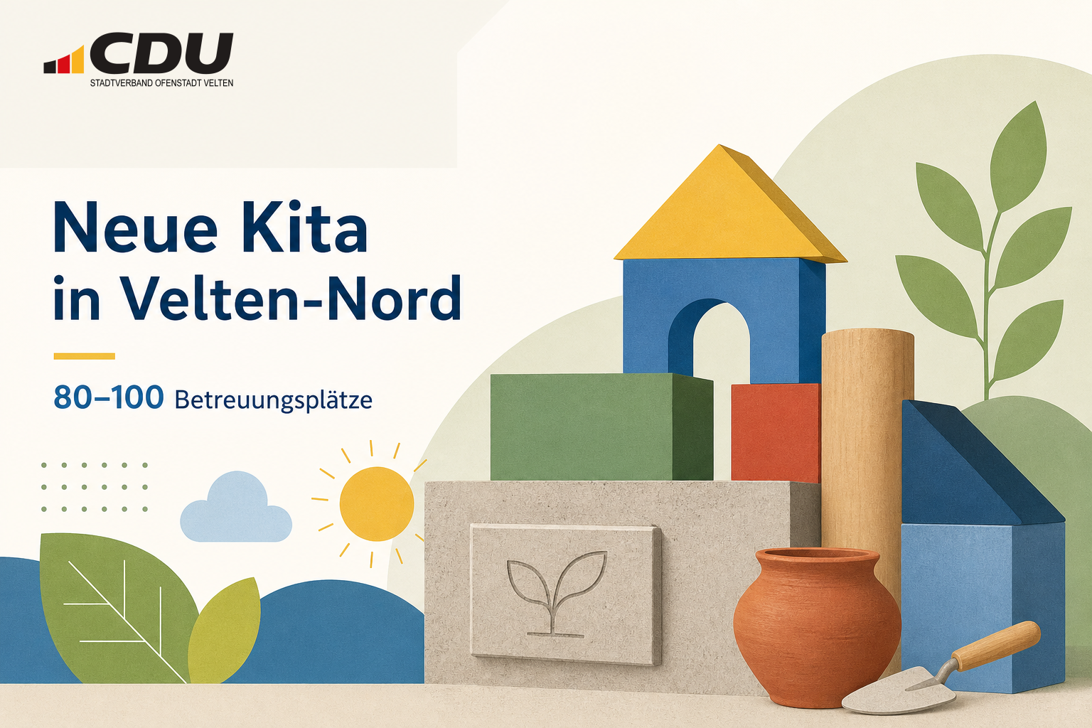 Redaktionelle Grafik zum geplanten Bau einer neuen Kindertagesstätte in Velten-Nord mit stilisierten Bausteinen, Grundstein- und Handwerkssymbolen.