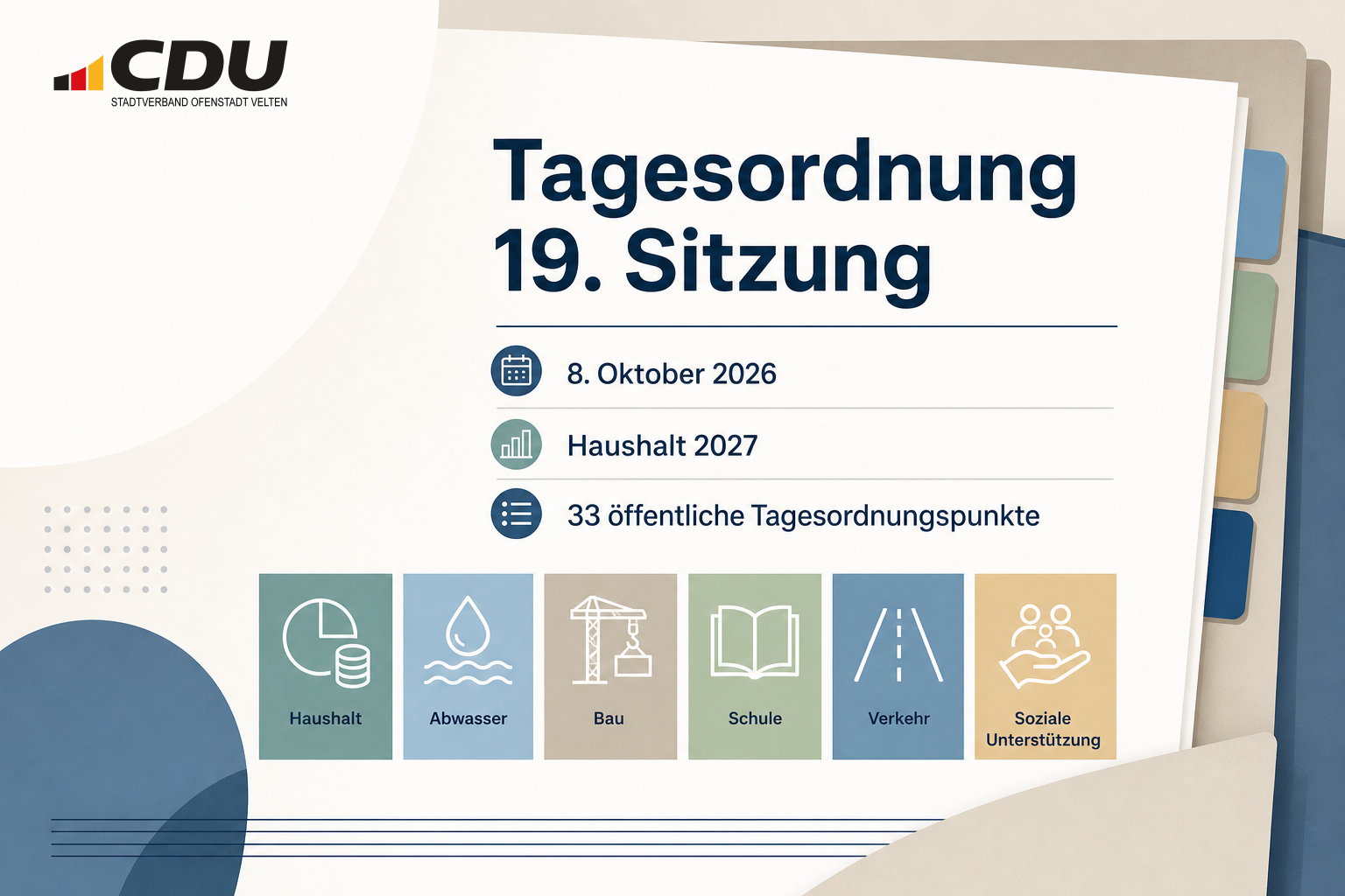 Redaktionell gestaltete Dokumentgrafik zur öffentlichen Tagesordnung der 19. Sitzung der Stadtverordnetenversammlung Velten am 8. Oktober 2026 mit Schwerpunkten auf Haushalt, Investitionen, Verkehr und sozialen Themen.