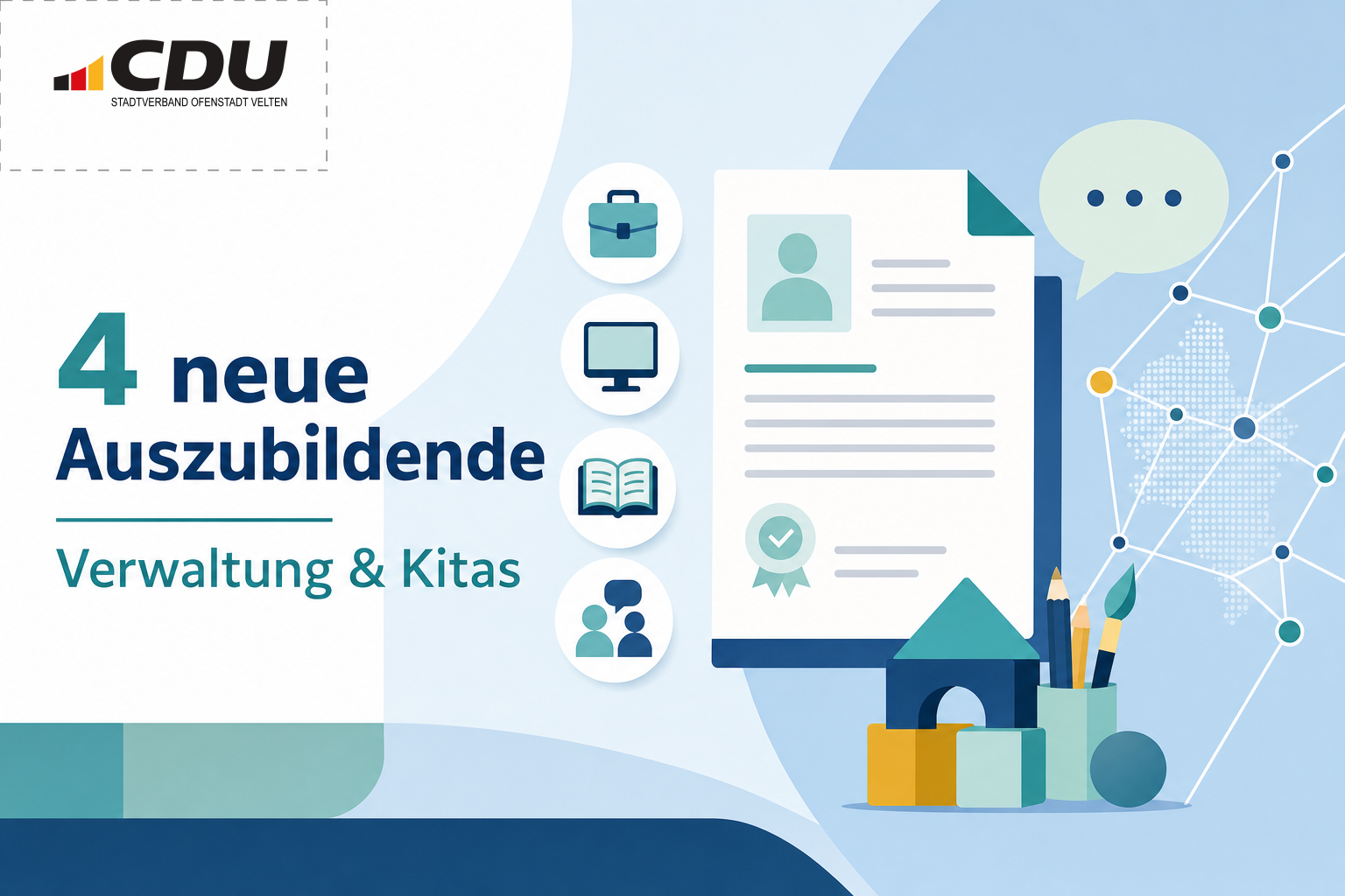 Redaktionelle Grafik zu vier neuen Auszubildenden für die Verwaltung und städtische Kitas in Velten mit ergänzenden Symbolen für Bürgerdialog und regionale Wirtschaft.