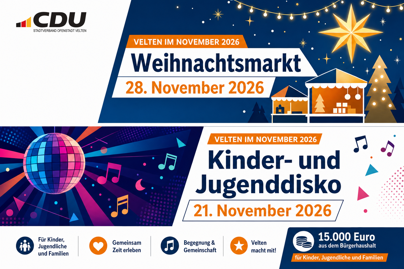 Redaktionelle Veranstaltungskarte zu einem geplanten Weihnachtsmarkt am 28. November 2026 und einer Kinder- und Jugenddisko am 21. November 2026 in Velten.
