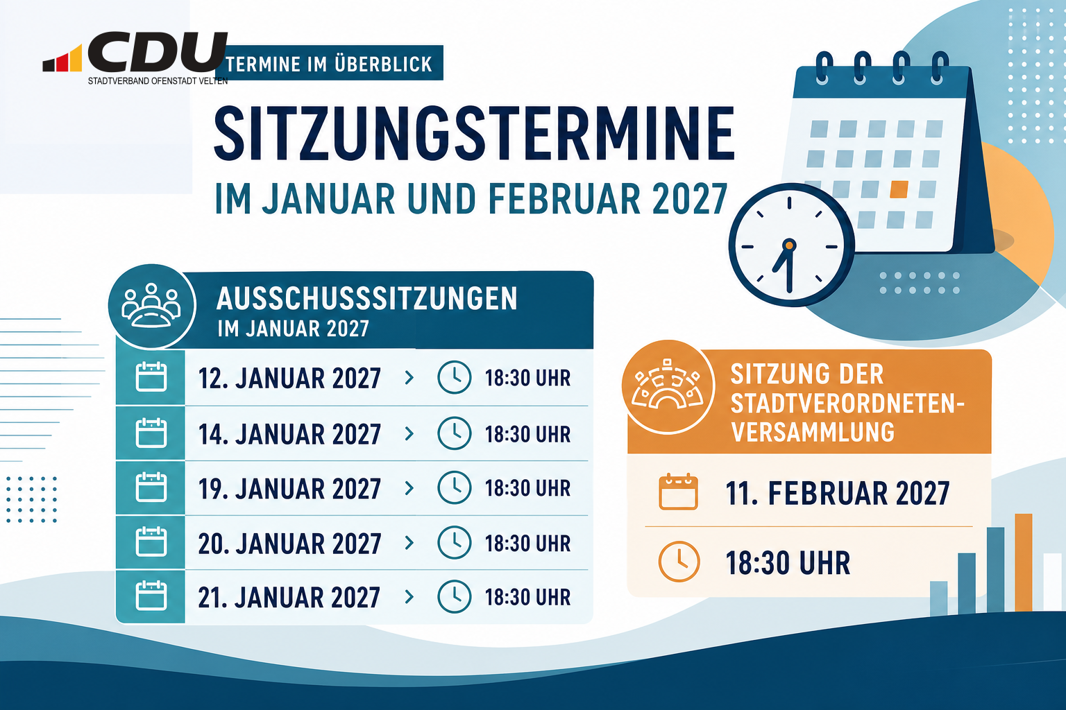 Grafische Terminübersicht zu fünf Ausschusssitzungen im Januar 2027 und einer Sitzung der Stadtverordnetenversammlung am 11. Februar 2027, jeweils um 18:30 Uhr.