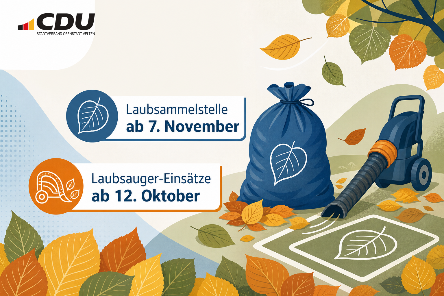 Redaktionelle Grafik mit Herbstblättern, blauem Müllsack und stilisiertem Laubsauger zu Laubsammelstelle und Laubsauger-Einsätzen in Velten.