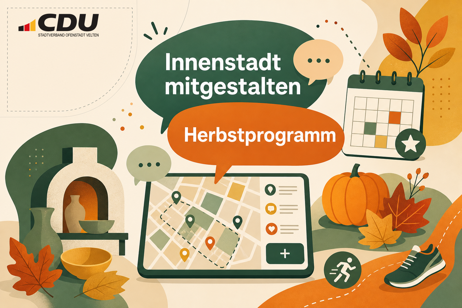 Redaktionelle Grafik zur Beteiligung an der Innenstadtentwicklung und zum Herbstprogramm in Velten mit Symbolen für Mitmachkarte, Veranstaltungen, Keramik und Laufveranstaltung.