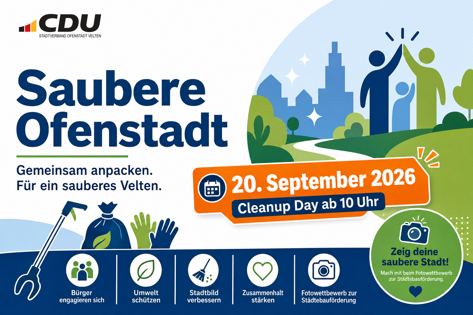 Redaktionelle Veranstaltungskarte zum Cleanup Day „Saubere Ofenstadt“ am 20. September 2026 mit stilisierten Symbolen für Müllgreifer, Müllsack und Handschuhe.