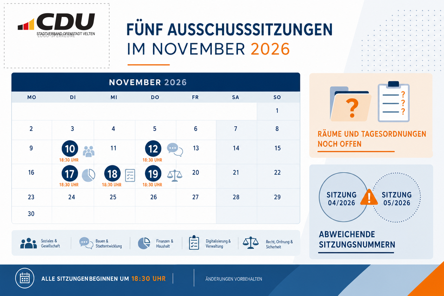 Grafische Veranstaltungskarte zu fünf für November 2026 angesetzten Ausschusssitzungen in Velten, jeweils um 18:30 Uhr, mit Hinweisen auf fehlende Räume und Tagesordnungen sowie abweichende Sitzungsnummern.