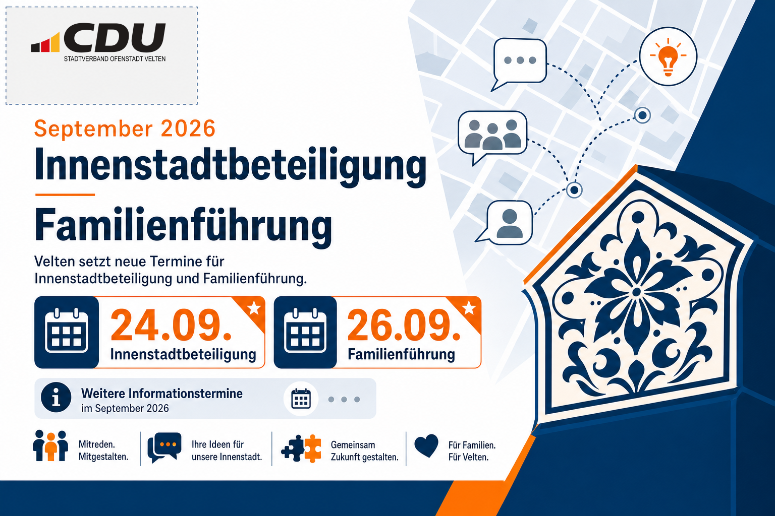 Redaktionelle Veranstaltungskarte mit Kalenderblatt für September 2026, Symbolen für Innenstadtbeteiligung und Familienführung sowie stilisiertem Keramikmotiv.