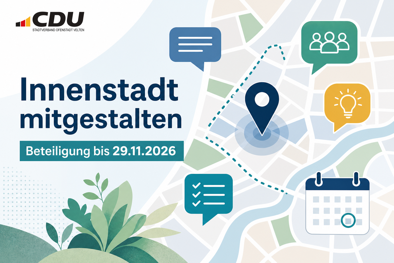 Redaktionelle Grafik zur Bürgerbeteiligung für die Innenstadtentwicklung mit abstraktem Stadtplan, Sprechblasen, Kartenmarkierung, Pflanzensymbol und Hinweis auf die Beteiligungsfrist bis zum 29. November 2026.