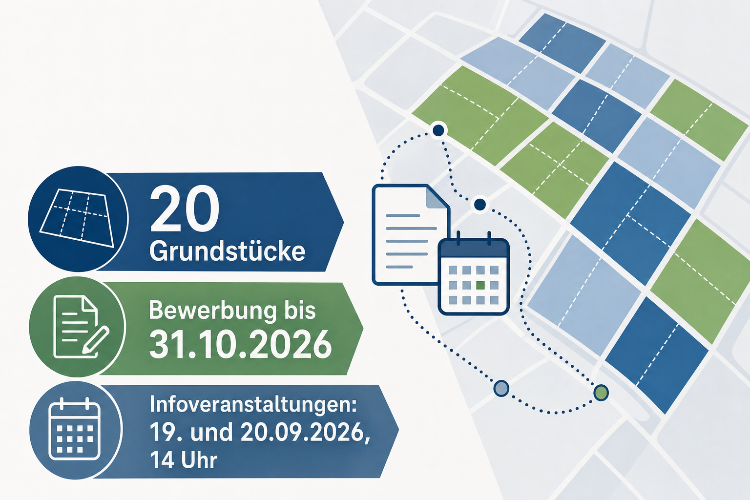 Redaktionelle Veranstaltungskarte zur Vergabe von 20 Grundstücken mit Bewerbungsfrist bis zum 31. Oktober 2026 und Informationsveranstaltungen am 19. und 20. September 2026.