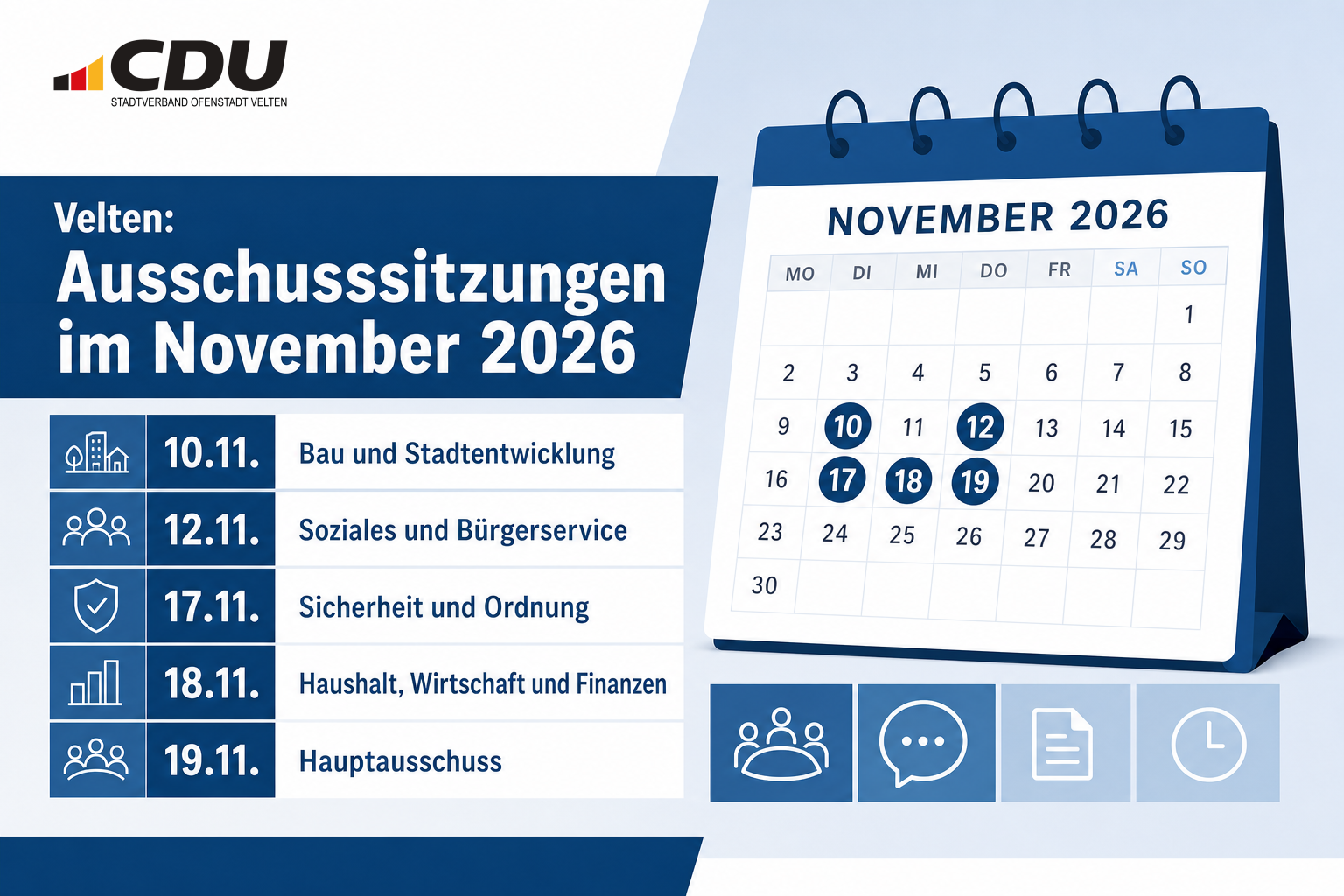 Redaktionelle Veranstaltungskarte mit den fünf für November 2026 angekündigten Ausschusssitzungen in Velten.