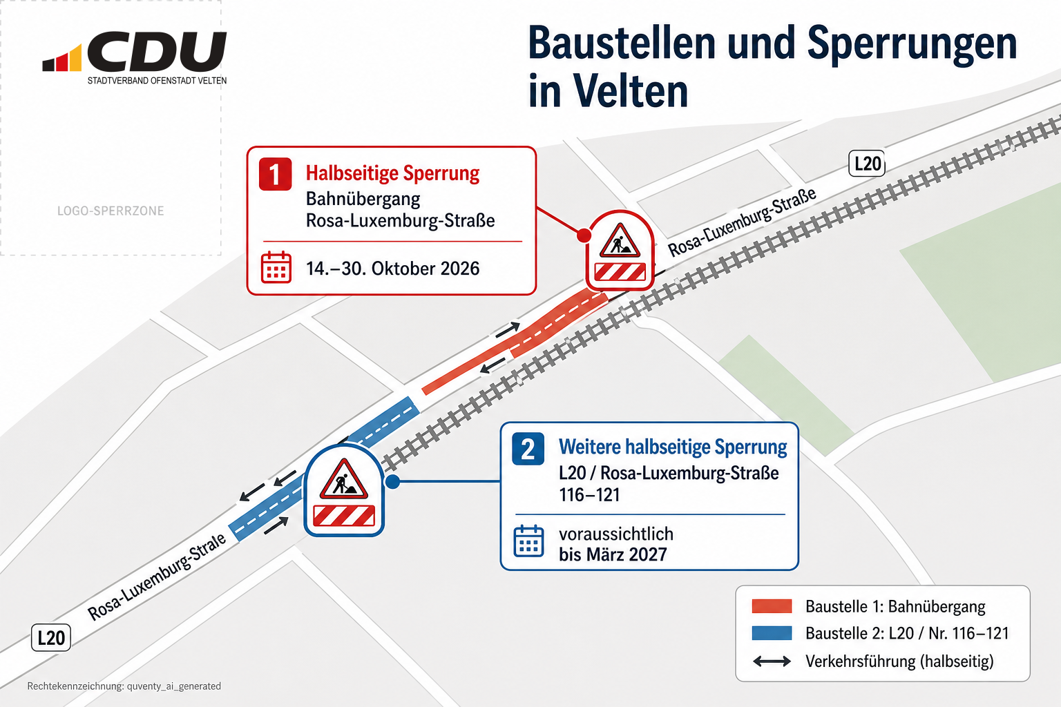 Schematische Karte mit markierter halbseitiger Sperrung am Bahnübergang der Rosa-Luxemburg-Straße in Velten bis zum 30. Oktober 2026 sowie einer weiteren Sperrung an der L20.
