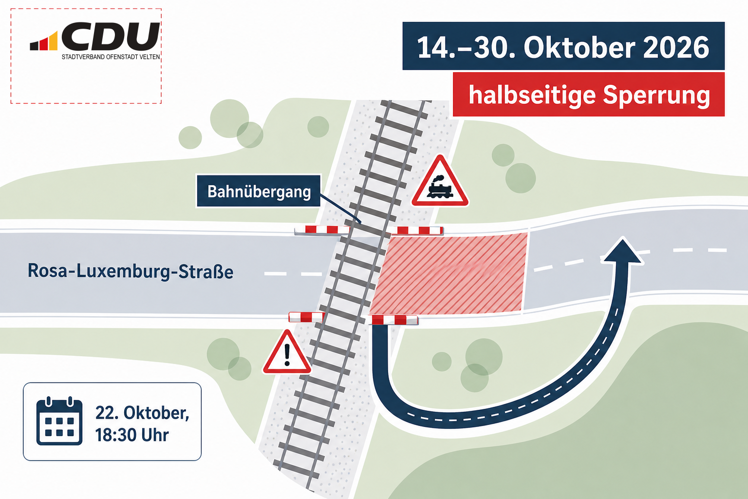 Grafische Kartenillustration einer halbseitig gesperrten Straße an einem Bahnübergang in der Rosa-Luxemburg-Straße mit dem Zeitraum 14. bis 30. Oktober 2026 und einem ergänzenden Kalenderhinweis auf die Sitzung am 22. Oktober um 18:30 Uhr.